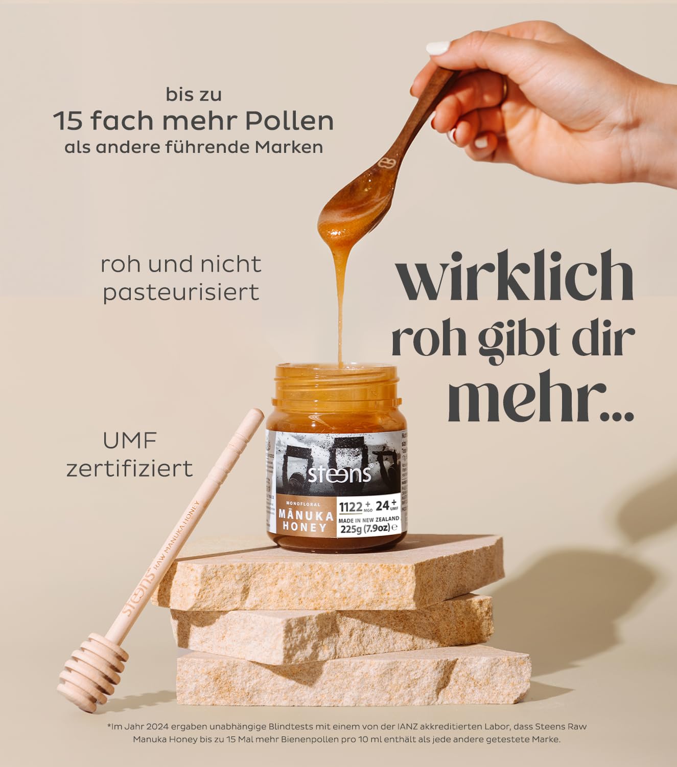 Steens Manuka Honey MGO 1122+ - 225 g rein roher 100% zertifizierter UMF 24+ - über Manuka Honig 1000 MGO - abgefüllt und versiegelt in Neuseeland