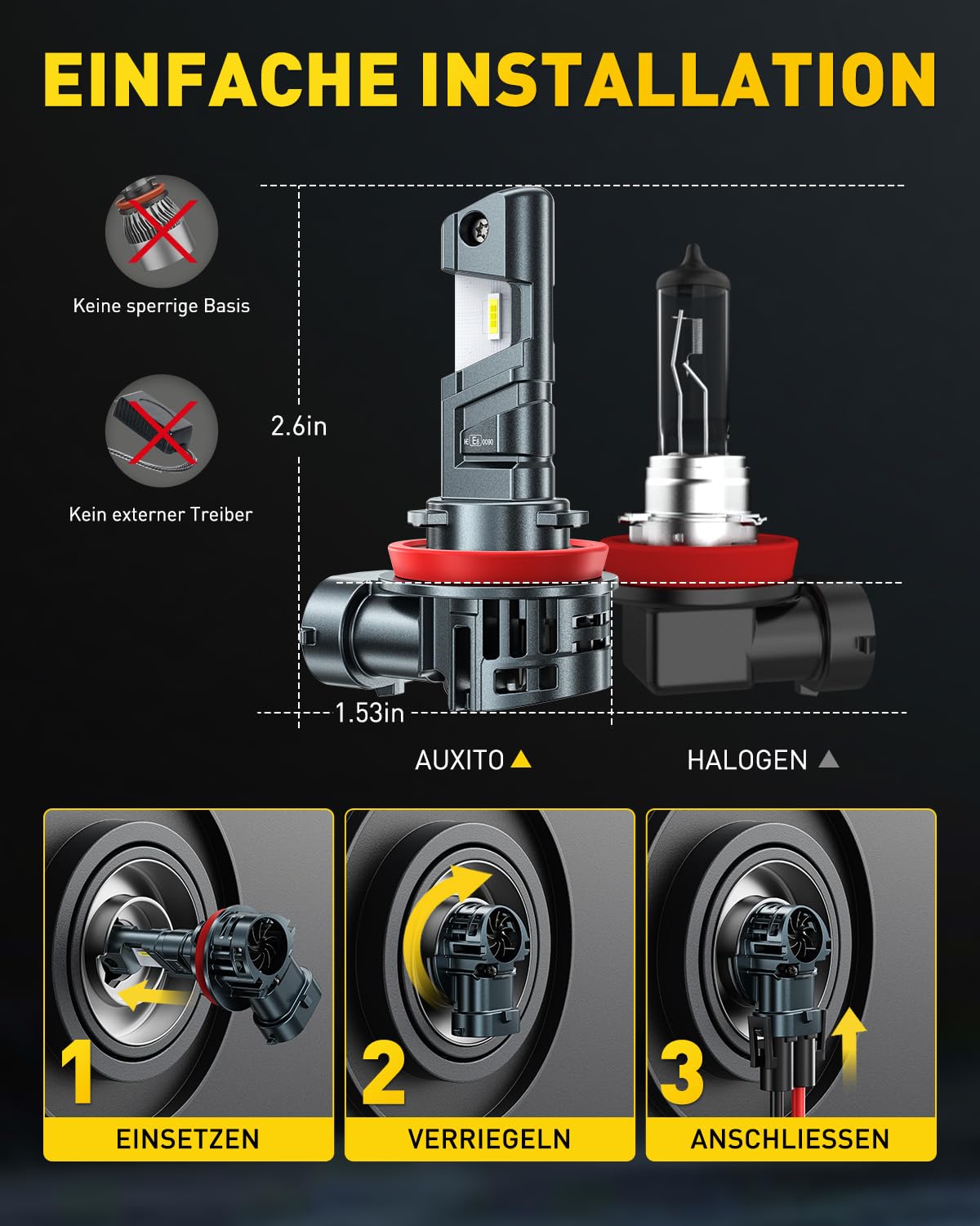 AUXITO H11 LED Scheinwerferlampe, UNECE-R37 Zulassung mit E-Zeichen, +500% helleres Licht, 6000K kaltweiß, 50000 Stunden Lebensdauer, 1:1 Mini-Größe, Plug & Play – Schnell & Einfach, 2 Stück