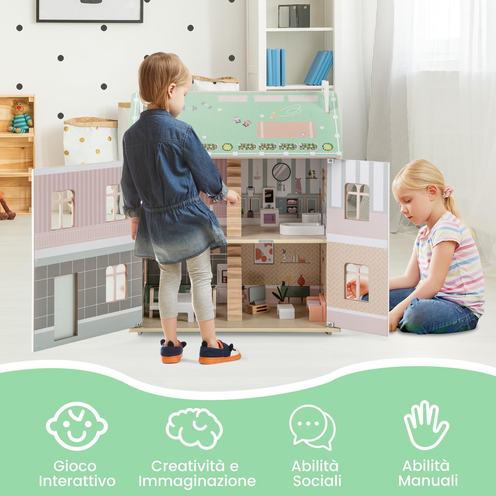 GYMAX Casa delle Bambole in Legno, Casa Giocattolo a 3 Livelli con Mobili e Accessori, con Tetti a 2 Lati, Porta Apribile, Scale in Legno Massiccio, Bambini 3 + anni