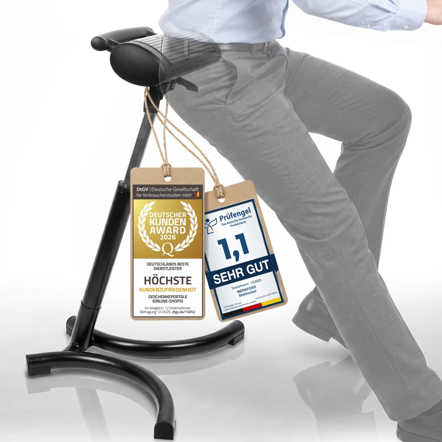 Stehhocker & Stehhilfe bis 85 kg, ergonomisch höhenverstellbar | Entlastet den Rücken am Schreibtisch, stufenloser Stehstuhl für Büro, Polyurethan Werkstatthocker mit Metallrahmen, 7 kg