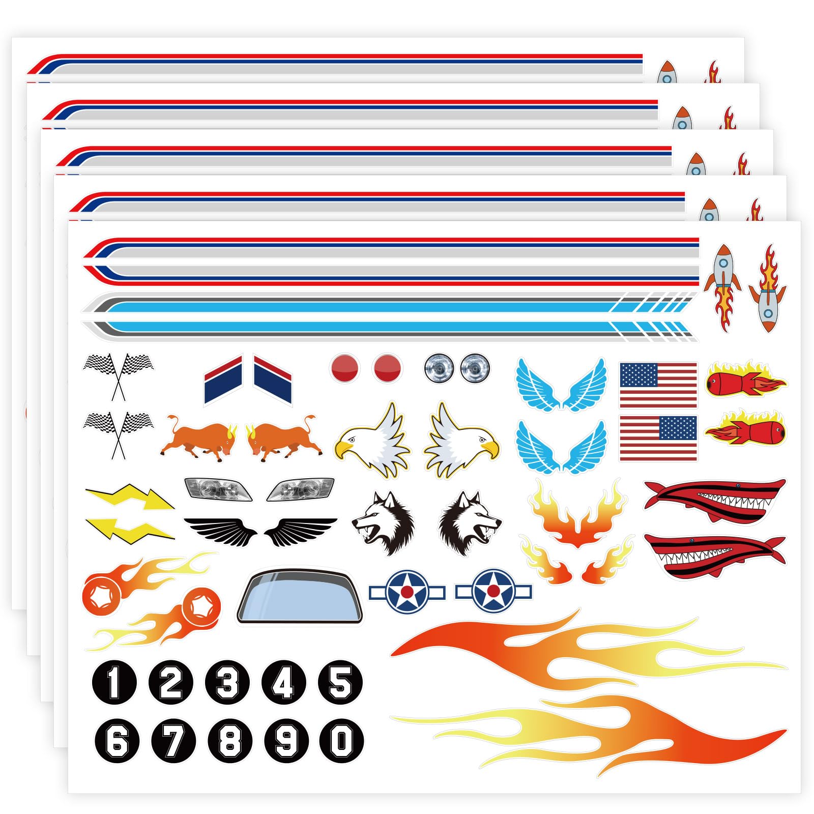 OCQOTAT 5PCS Derby Car Sticker Set-Racing Numbers, Flags, Lights, Stripes & Flame Decals - Peel & Stick Car Stickers for Derby Supplies Cars,Cool