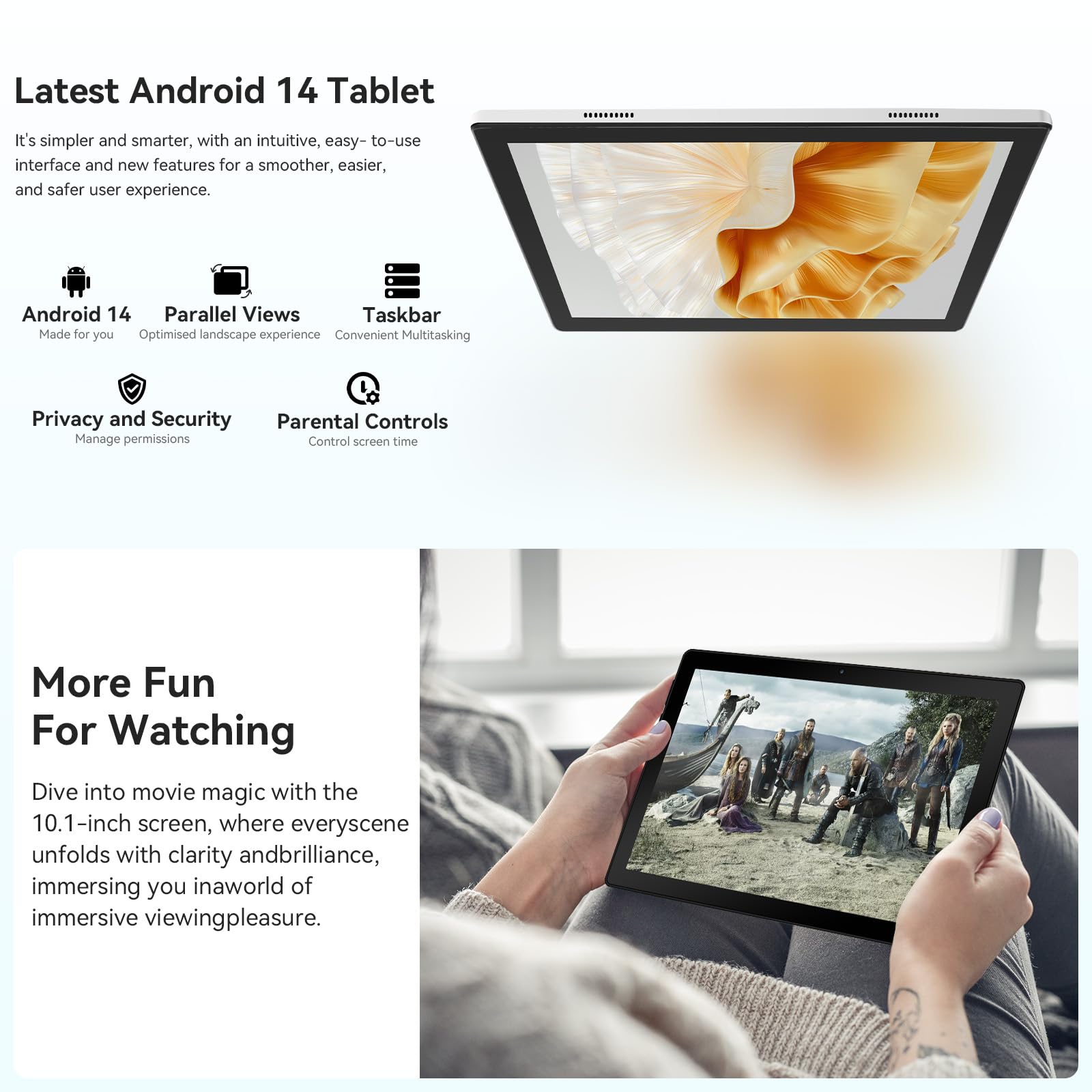 HotLight Tablet 10 pollici, Android 14 Tablet, Octa-Core 10GB RAM + 64GB ROM (TF 1TB) con 5G WiFi, Face ID, Spiritual Aura, connessione OTG, WideVine L1, BT 5.3 (Nero)