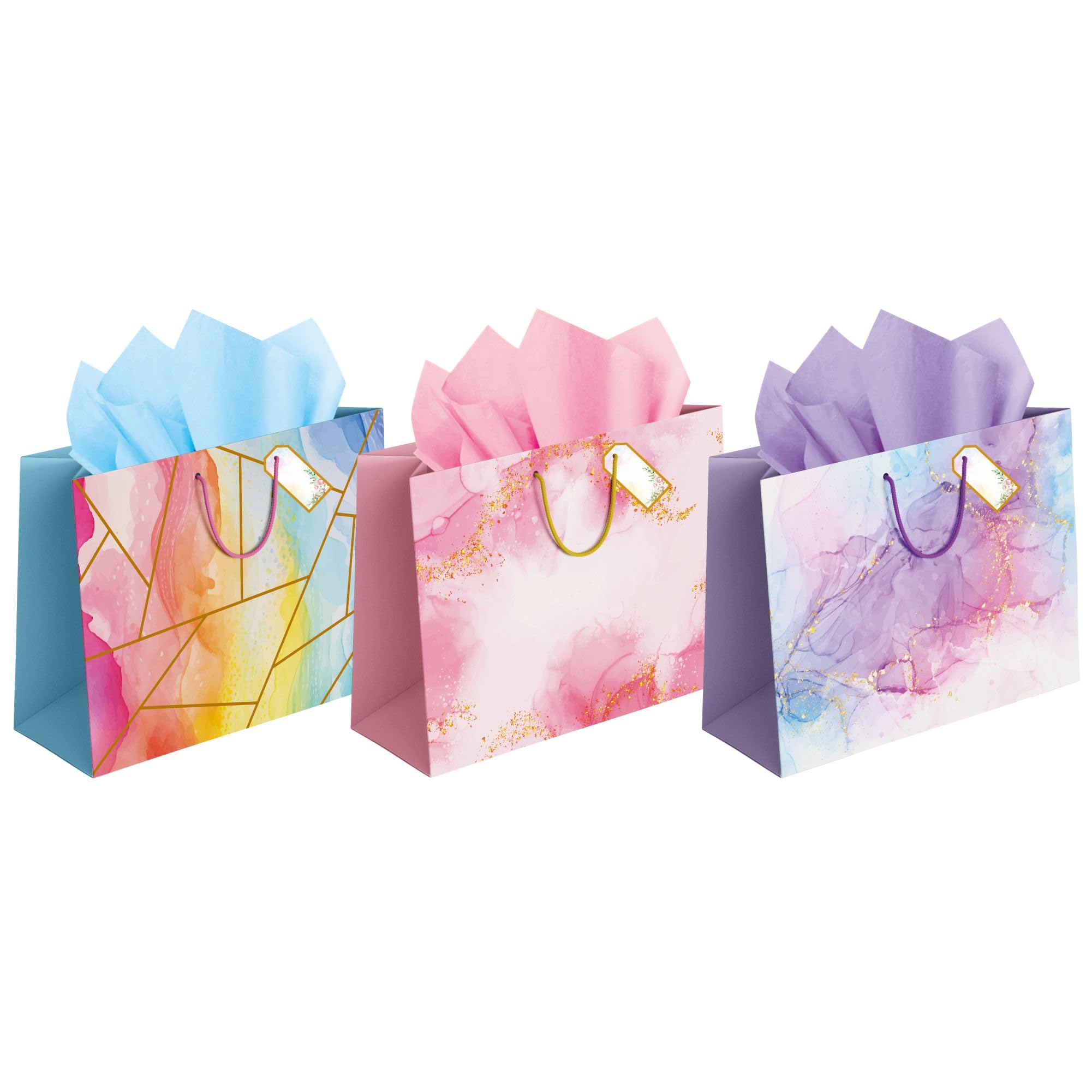 Gift Bags Large size - Paper Bags for Gifting - Return gift bags for kids birthday - Carry Bags with Tissue and Tag - Paper Bags for Gift Packing - - Pack of 5-14 x 10.5 x 4 Inch (Pink Purple Blue)