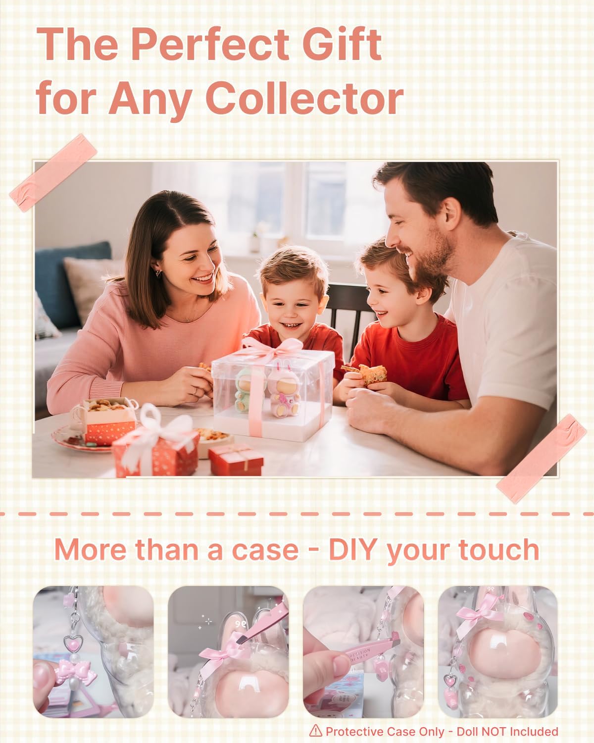 Protective Case for Labubu Have a Seat, Display Case for Labubu v2 - The Monsters Sitting, Crystal Clear Plastic Carry Case with Keychain, Display Holder (Doll Not Included)