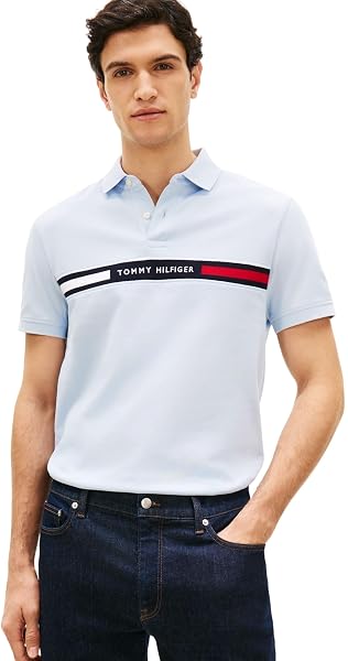 Tommy Hilfiger Uomo Maglietta Polo Maniche Corte Chest Insert Regular Fit, Blu (Breezy Blue), XS