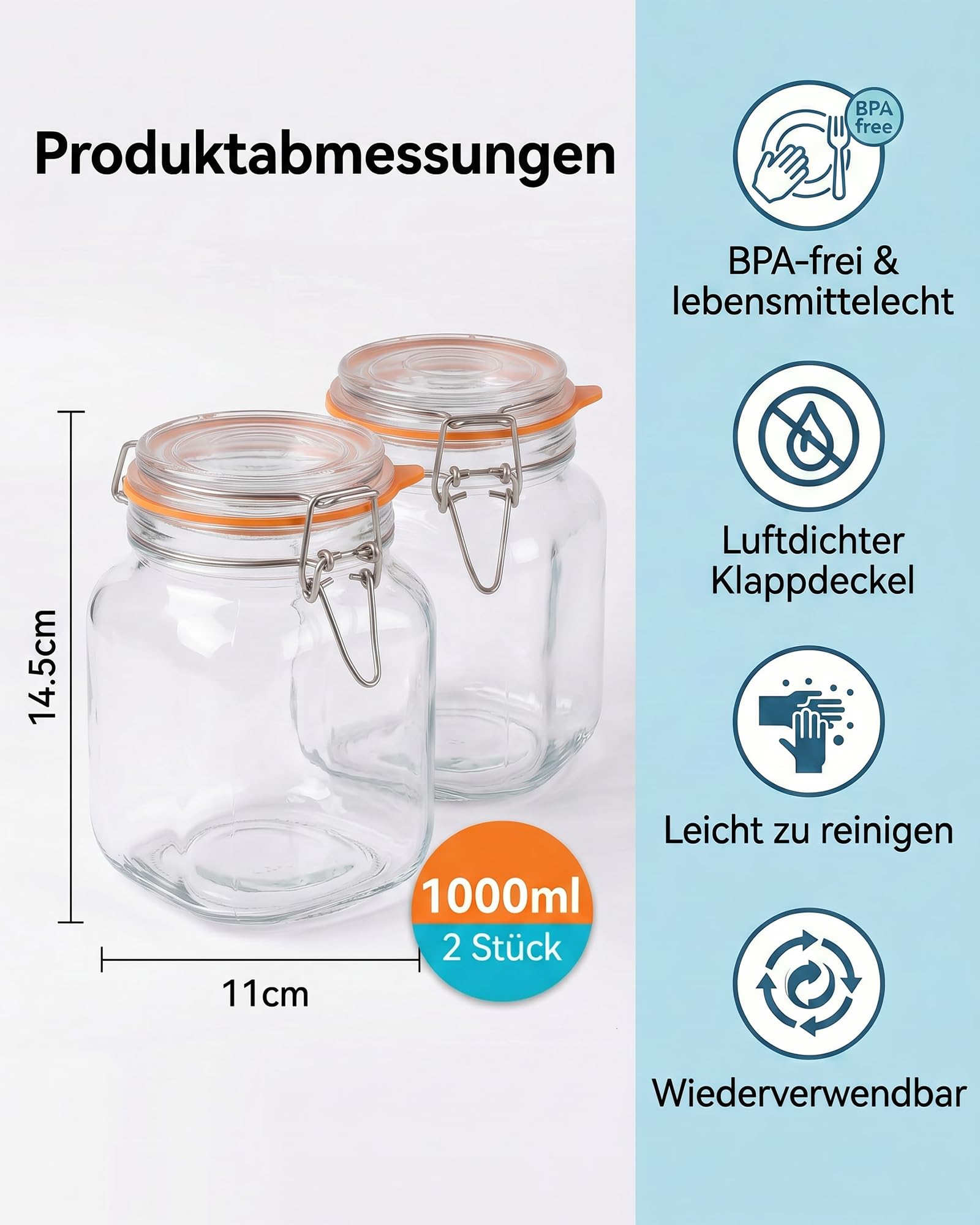 Confezione da 2 barattoli per fermentazione da 1 l, con valvola di fermentazione e peso: vetro di fermentazione di alta qualità, a prova di perdite, per principianti e professionisti