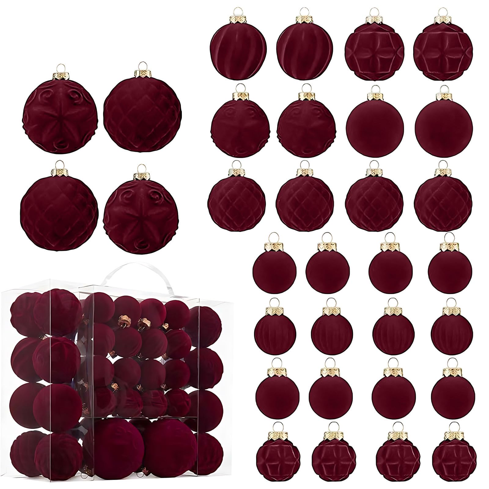 46PCS Christmas Tree Ornaments Velvet Balls, Velvet Christmas Ornaments Hanging Ball Decoration, Flocked Shatterproof Xmas Bulbs Decoration for Wedding Christmas Party (Wine)