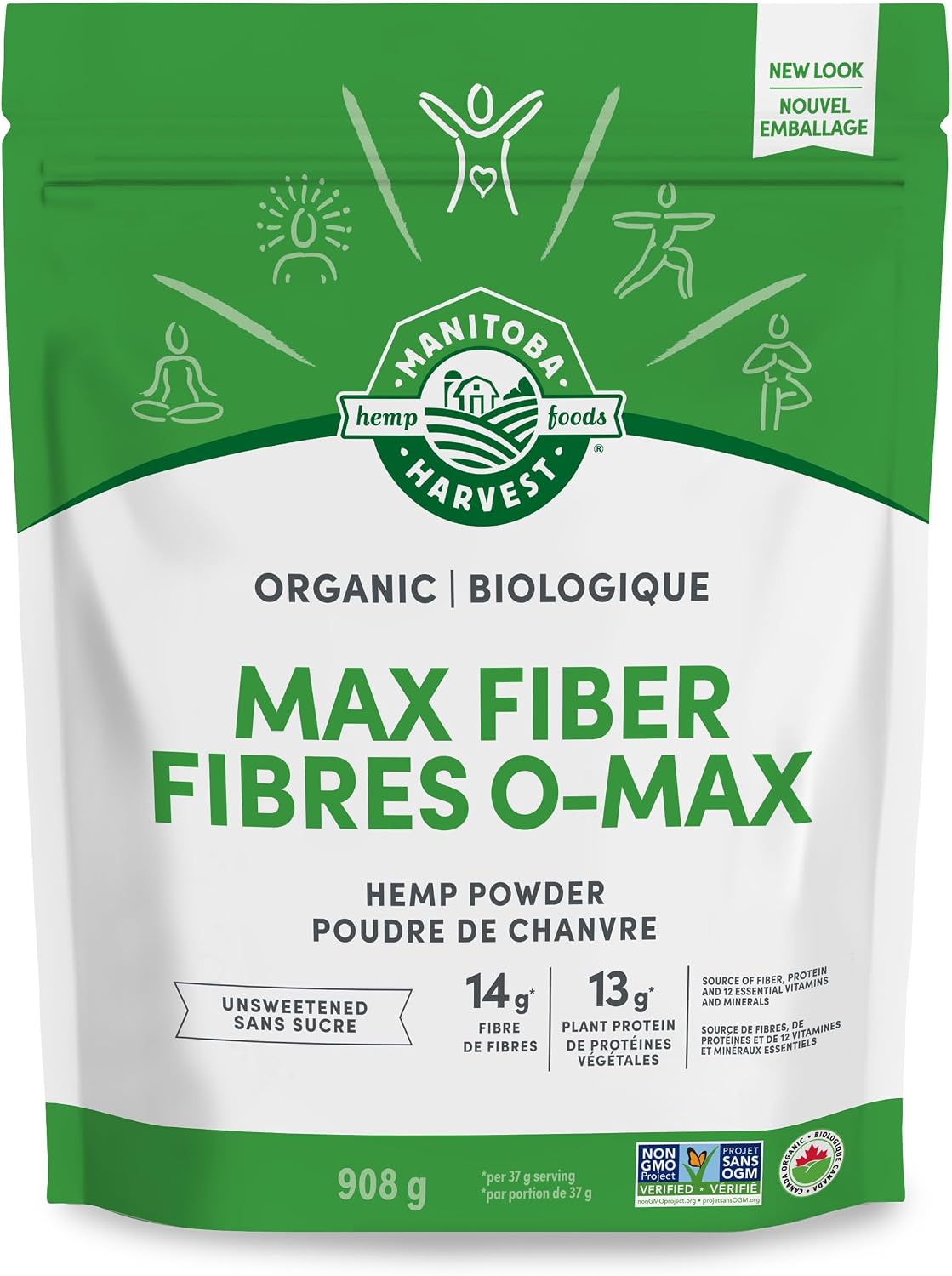 Manitoba Harvest Hemp Yeah! Organic Max Fibre Protein Powder, Unsweetened, 908g; with 13g of Fibre, 13g Protein and 2.5g Omegas 3&6 per Serving, Preservative Free, Non-GMO, Packaging May Vary
