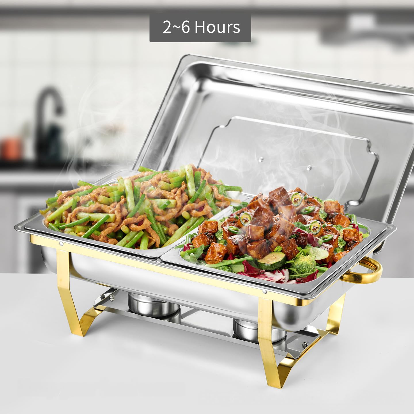 Paquete de 2 platos de 9 L para bufé, catering, calentador de alimentos, sartén fría y caliente con soporte para tapa, juego de platos de cena de acero inoxidable grueso, servidor de buffet para