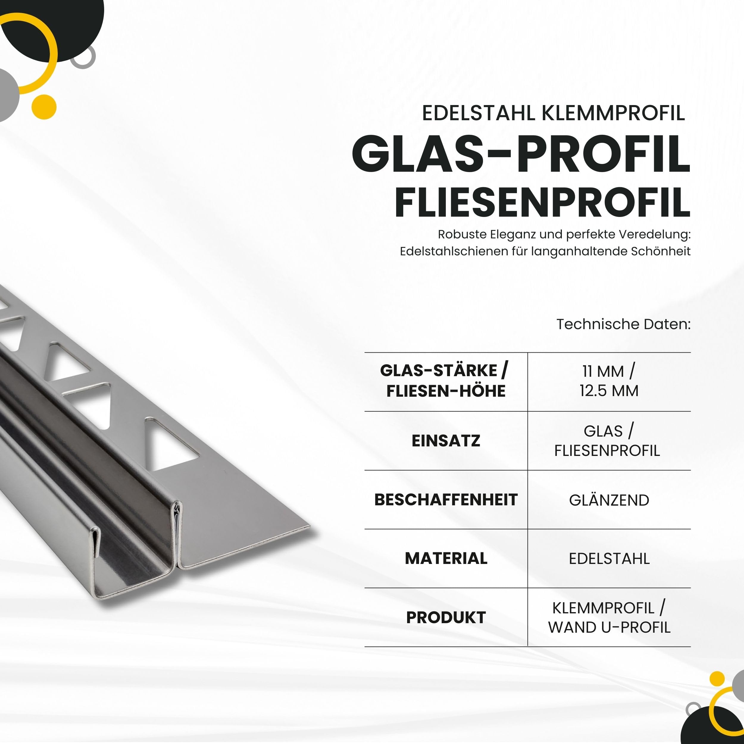 Glas-Fliesenprofil Edelstahl Klemmprofil Wandprofil V2A 2m 12.5mm 11mm