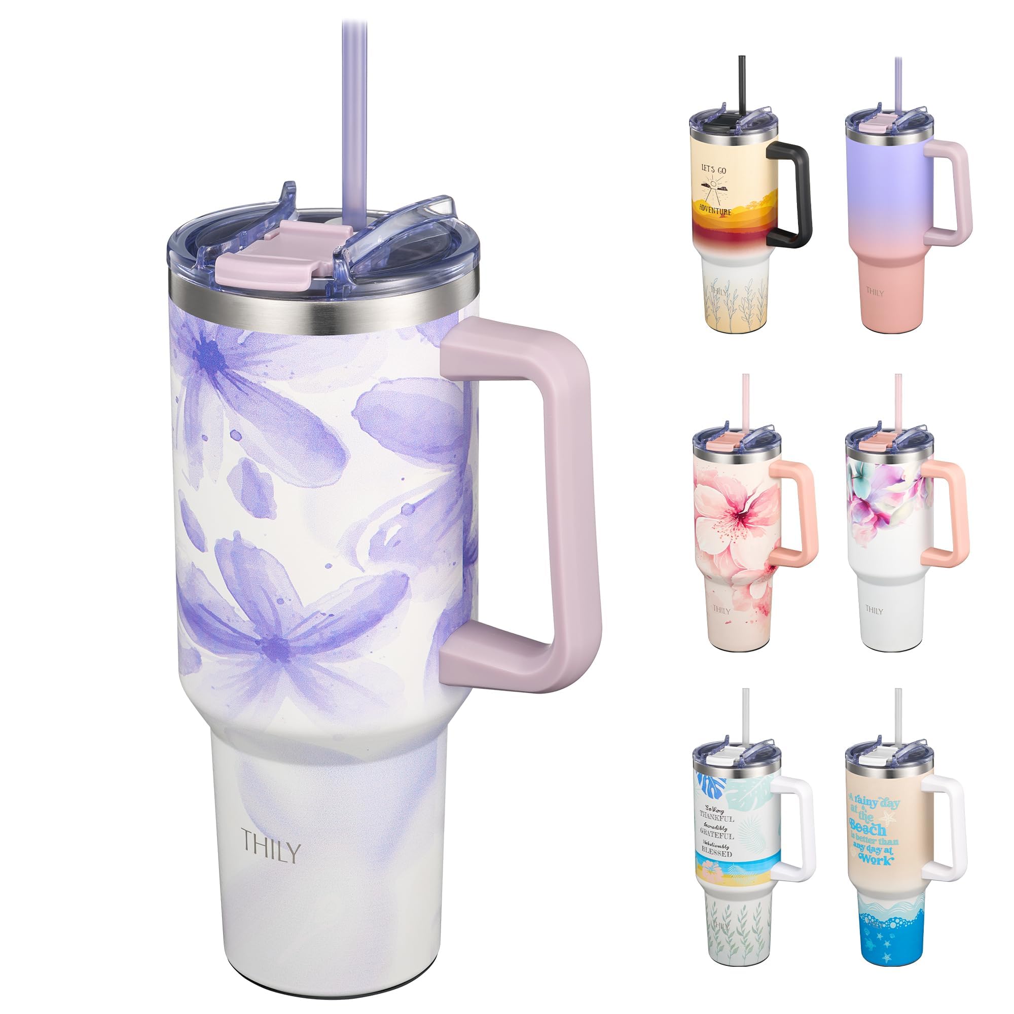THILY 40 oz Stainless Steel Tumbler with Handle - Vacuum Insulated Travel Cup, Splash-Proof & Leakproof Lid, 2 Straws & Brush | Keeps Cold 34H/Hot 12H