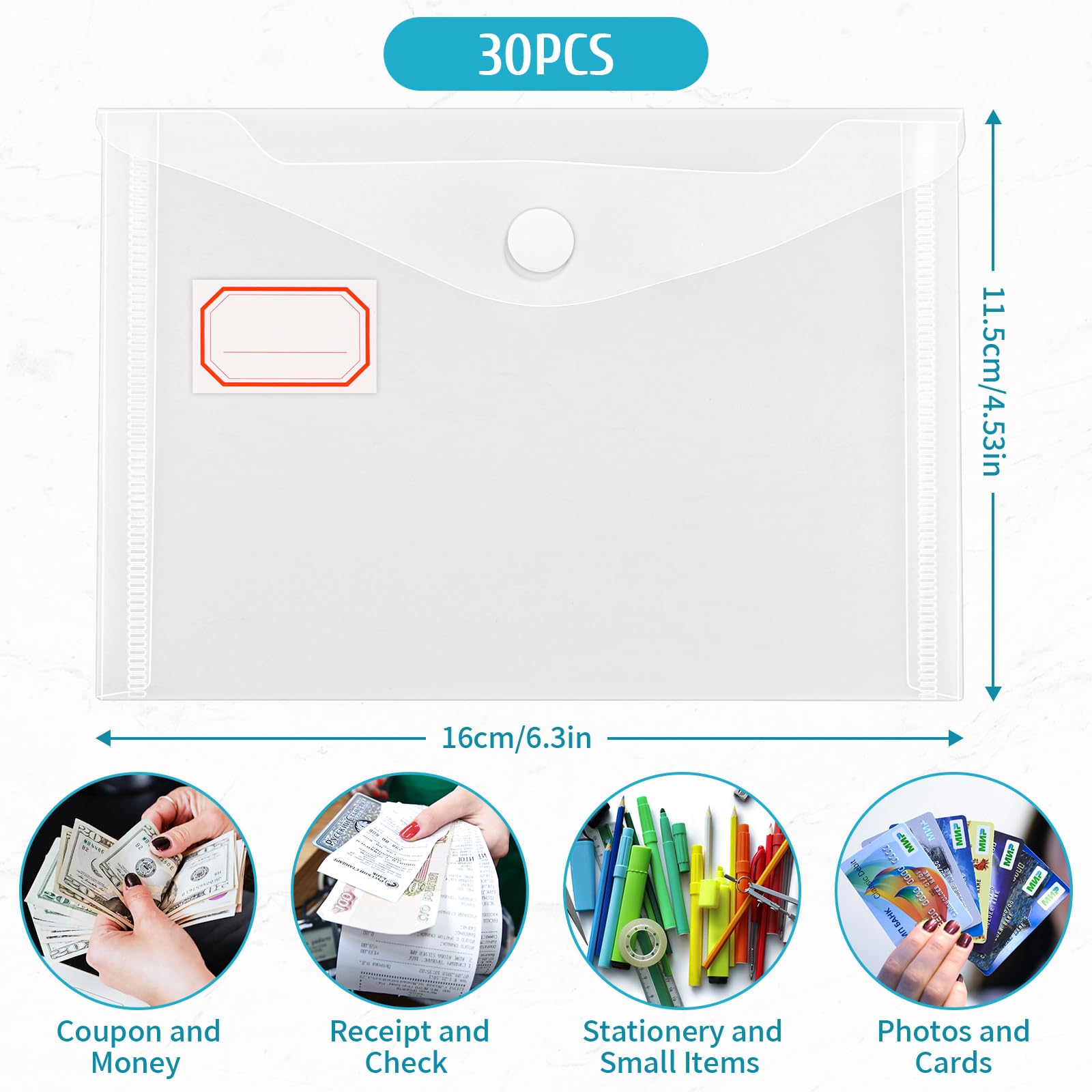 30 bolsas de plástico transparente tamaño A4, 16 x 11,5 cm, impermeables, con bolsillo para etiqueta y botón a presión, para el hogar, la oficina y la escuela