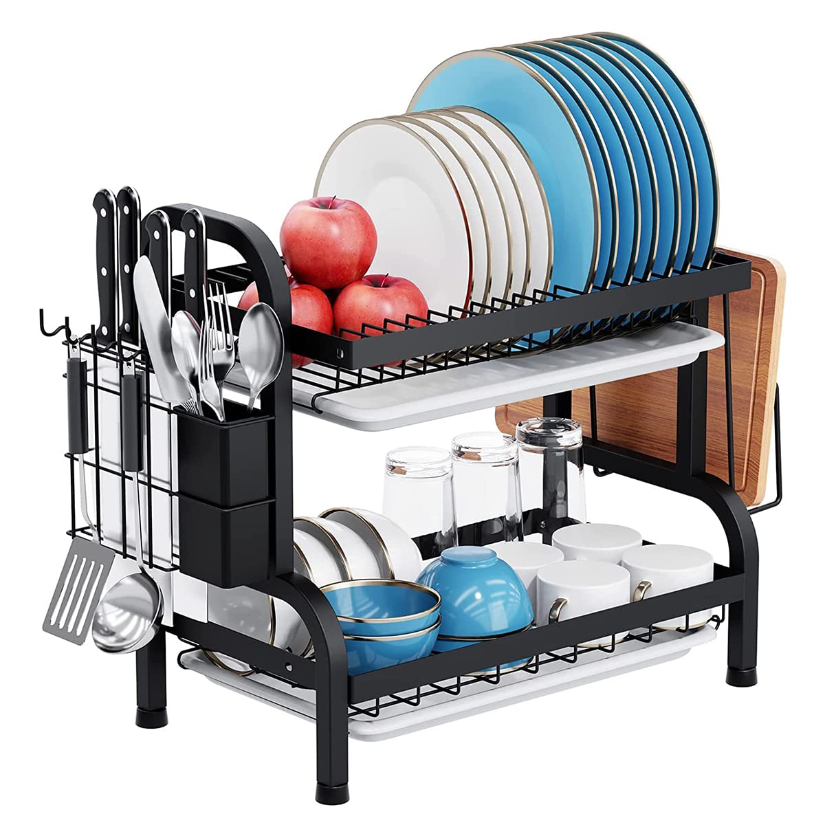 ForthcanDish Drying Rack Kitchen Dish Drying Stand 2 Layer Dish Drainer with Utensil Holder, Cutting Board Holder and Tray Rack Storage Organizer (2-Tier, Black)