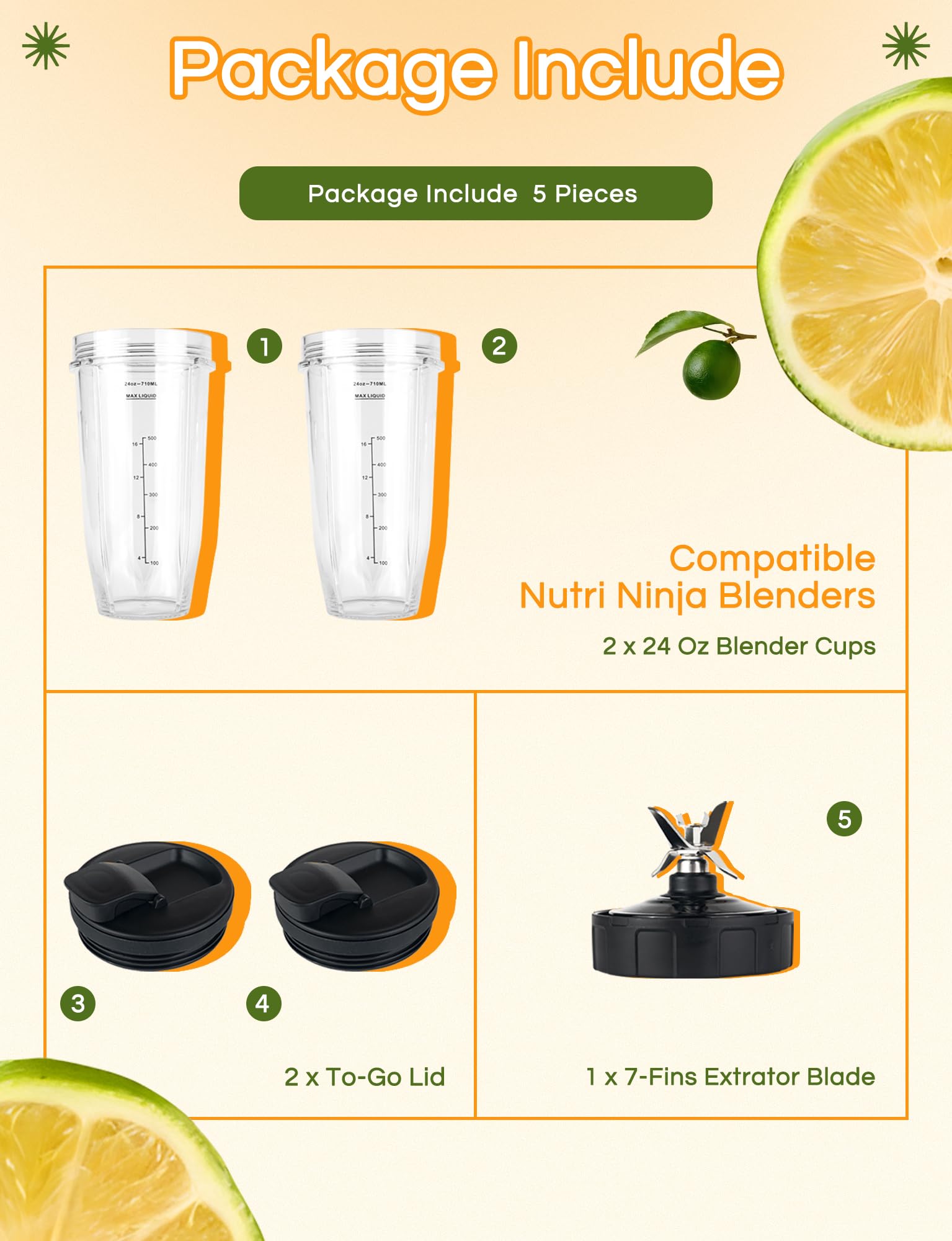 5-częściowe części zamienne do blendera Ninja - 2 kubki 680 ml z pokrywkami na wynos, ostrze 7-finowe, kompatybilne z Nutri Ninja Auto iQ Blenders BN401, BN751, BN801, BL450, BL480, BL640, BL642