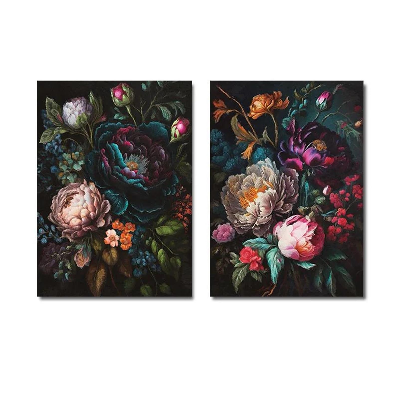Cuadro sobre lienzo de arte botánico peonía retro en pack de 2 láminas florales de 30x40 cm