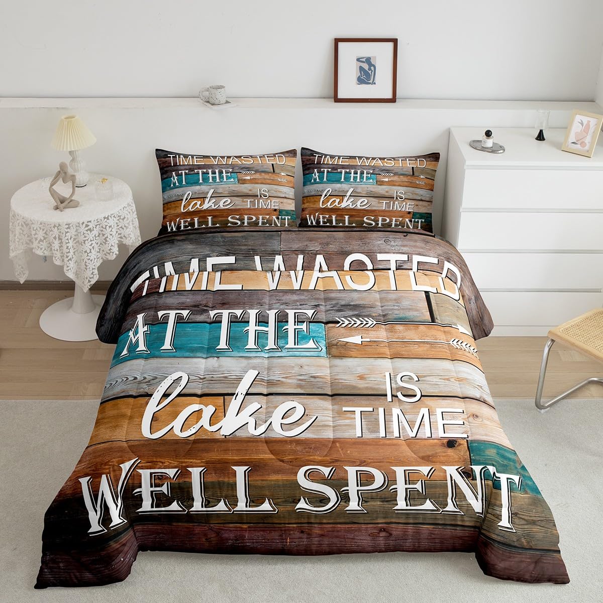 Lake House Decor Queen Bedding Set,Rustic Lake Cabin Comforter Set For Kids Teens Adult,Country Farmhouse Camping Decor Bedding Comforter Sets Vintage Wooden Planks Stripe Quilted Duvet,2 Pillow Case