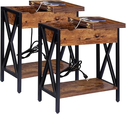 Miniatura 9 de ZenStyle Juego de 2 mesas auxiliares con estación de carga y estante mesa auxiliar estrecha abatible con puertos USB y tomacorrientes mesa de sofá