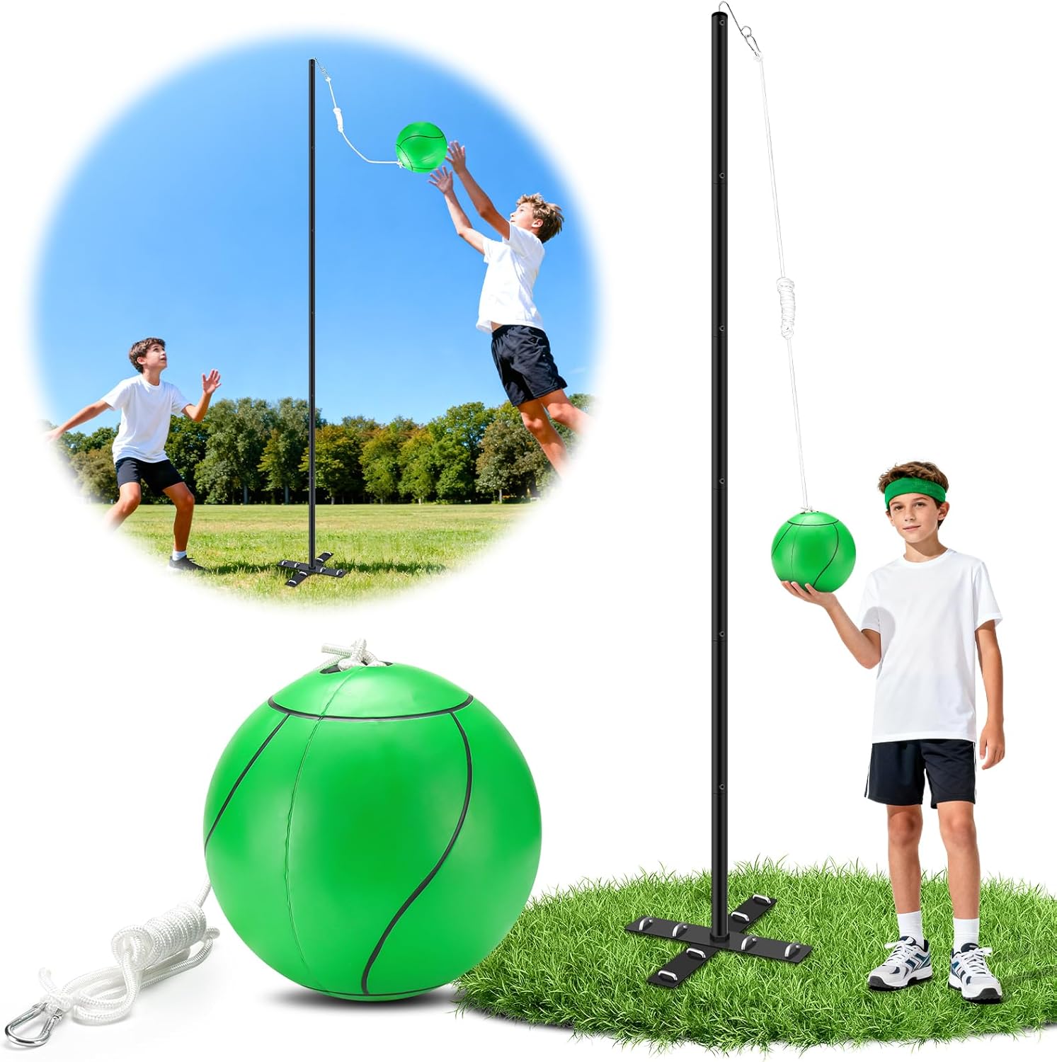 GADFISH Backyard Tetherball Set with Ball & Rope, Adjustable Tetherball Set, Traditional Tetherball Equipment for Playing Outdoor, Lawn, Sand (Black)