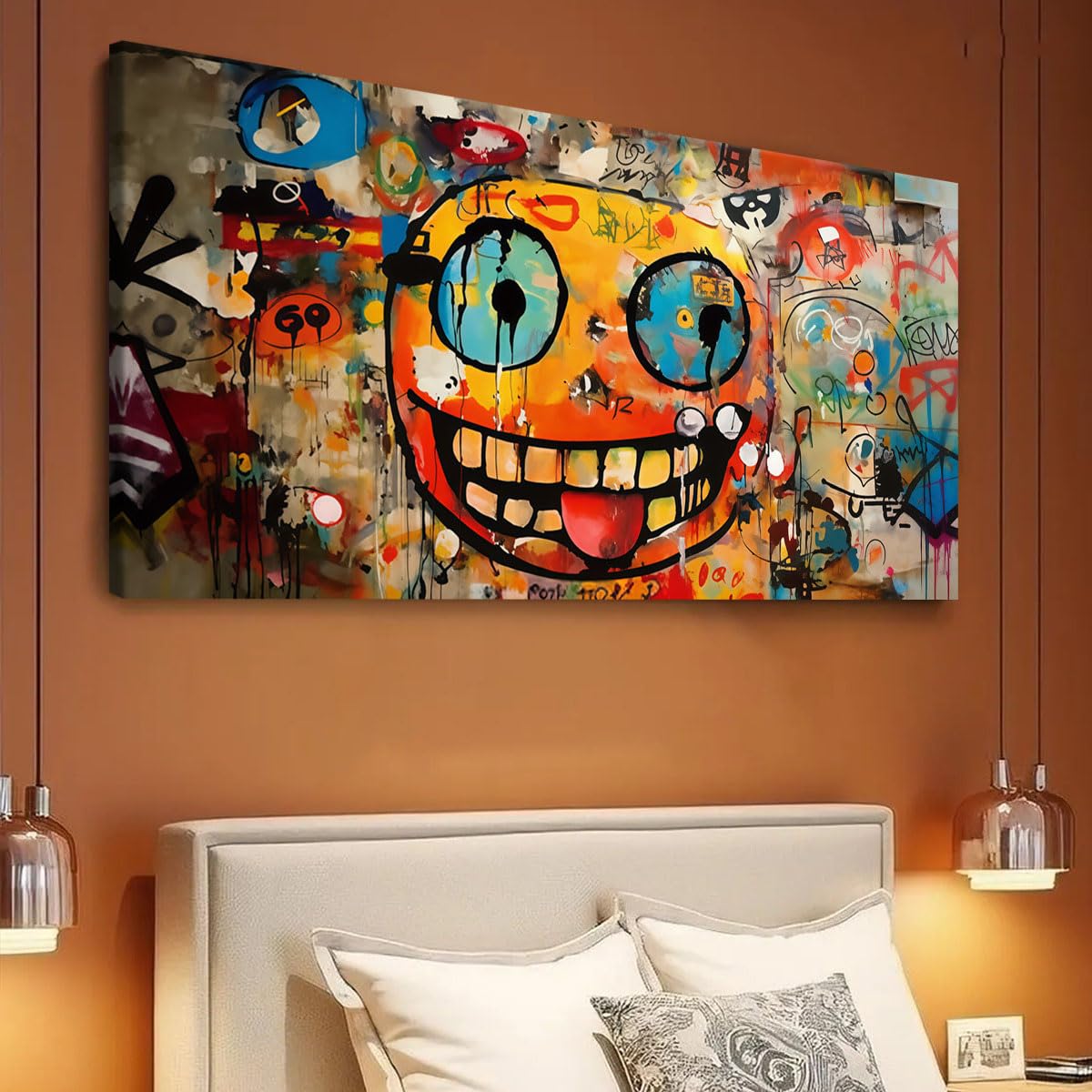 Abstrakcyjny nowoczesny obraz dekoracyjny z wesołą twarzą i kolorowym graffiti na ścianę (60 x 120 cm / z ramą)