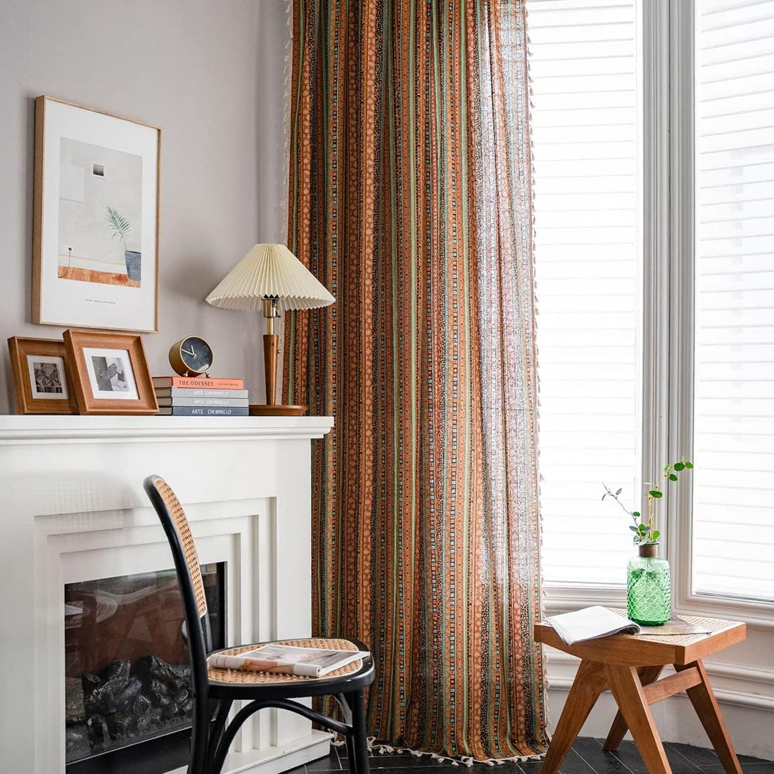 vctops Bohemian Striped Print Cotton Linen Window Curtain Panel with Lace Rod Pocket Colorful Patterned Room Darkening Drapes, 1 Piece (59"x102",Yellow)