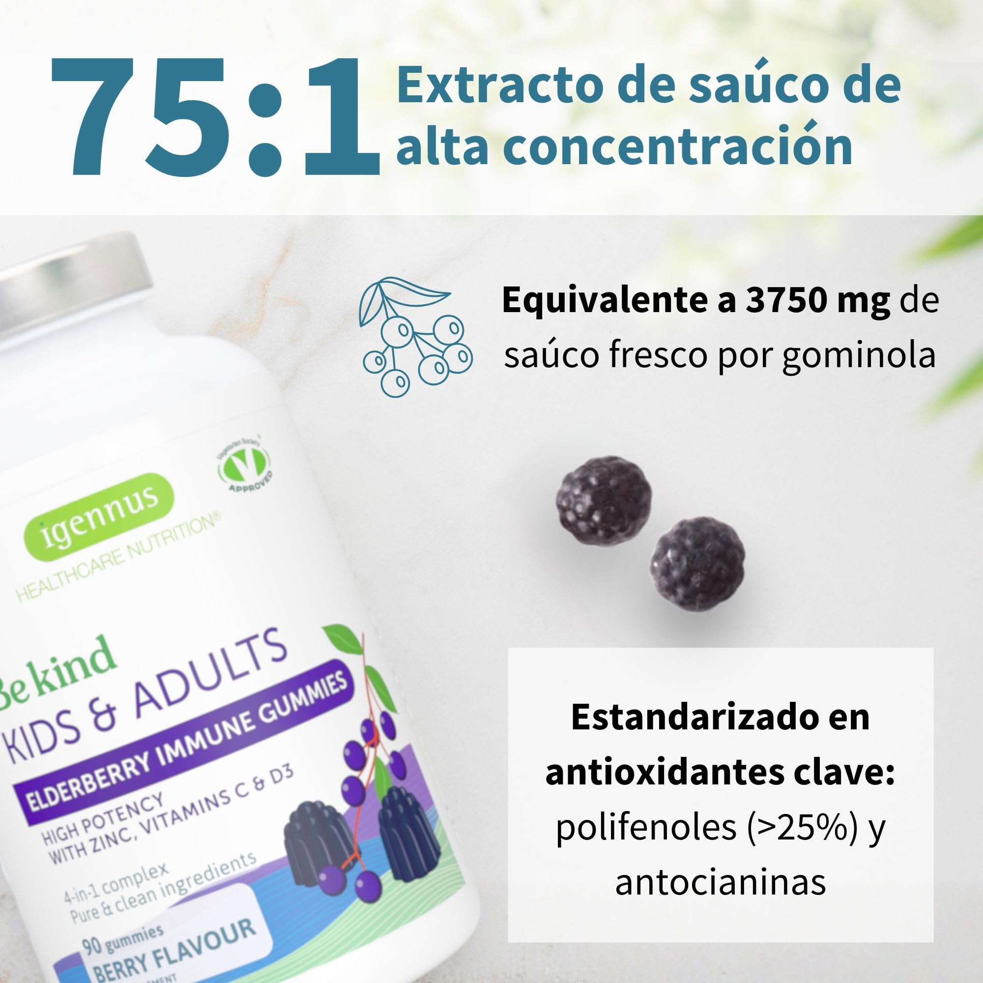 Igennus Elderberry Gummies para las Defensas Inmunitarias para Niños 4+ y Adultos, Complejo 4 en 1 con Vitamina C, Zinc y D3, Concentración 75:1, Sabor Natural, 90 Gominolas de Saúco Vegetarianas