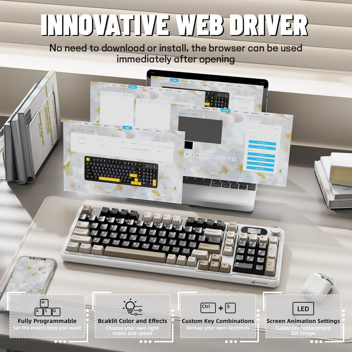 Screenshots of the ATTACK SHARK web-based driver interface for keyboard customization.
