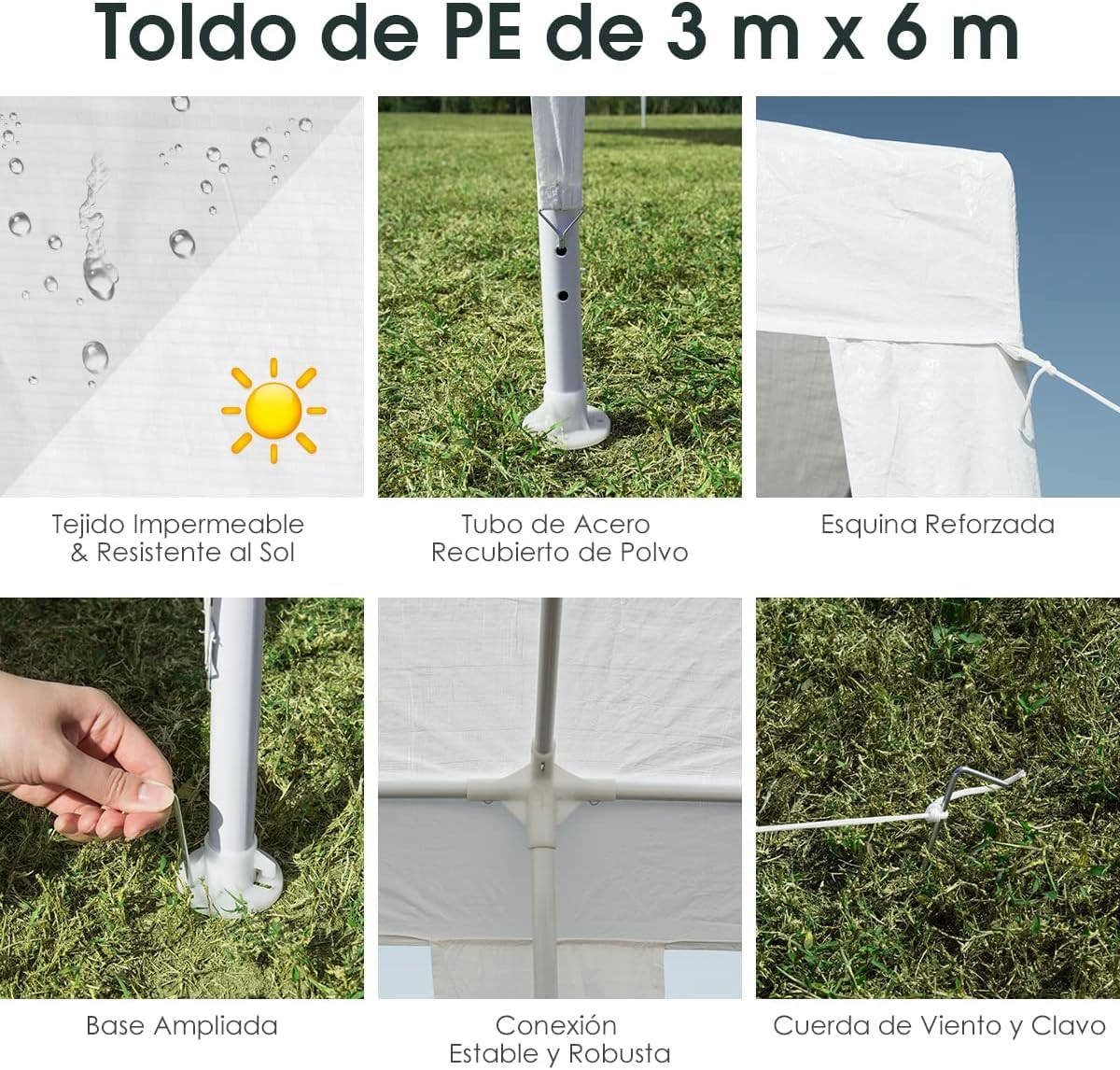 RELAX4LIFE Carpa Plegable 3x6M Resistente al Agua y la Luz Solar, Carpas para Exteriores con 6 Cuerdas de Viento, 18 Clavos y Bolsa de Transporte, Cenadores para Jardín, Camping, Fiestas (3X6M)