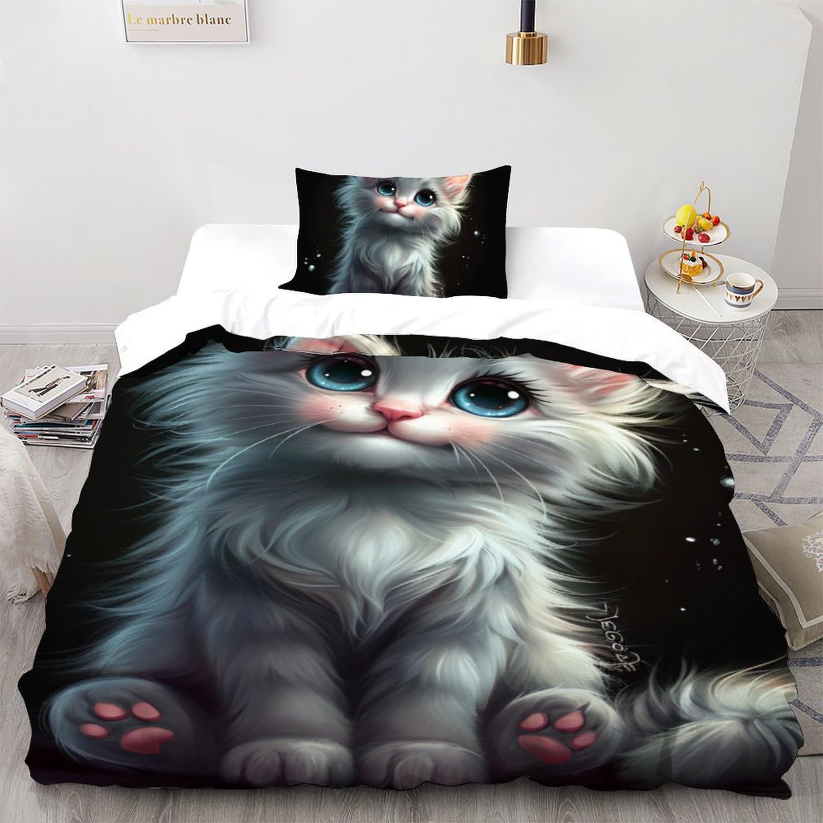 Housse de couette chat noir zippée en microfibre infroissable pour lit 135x200