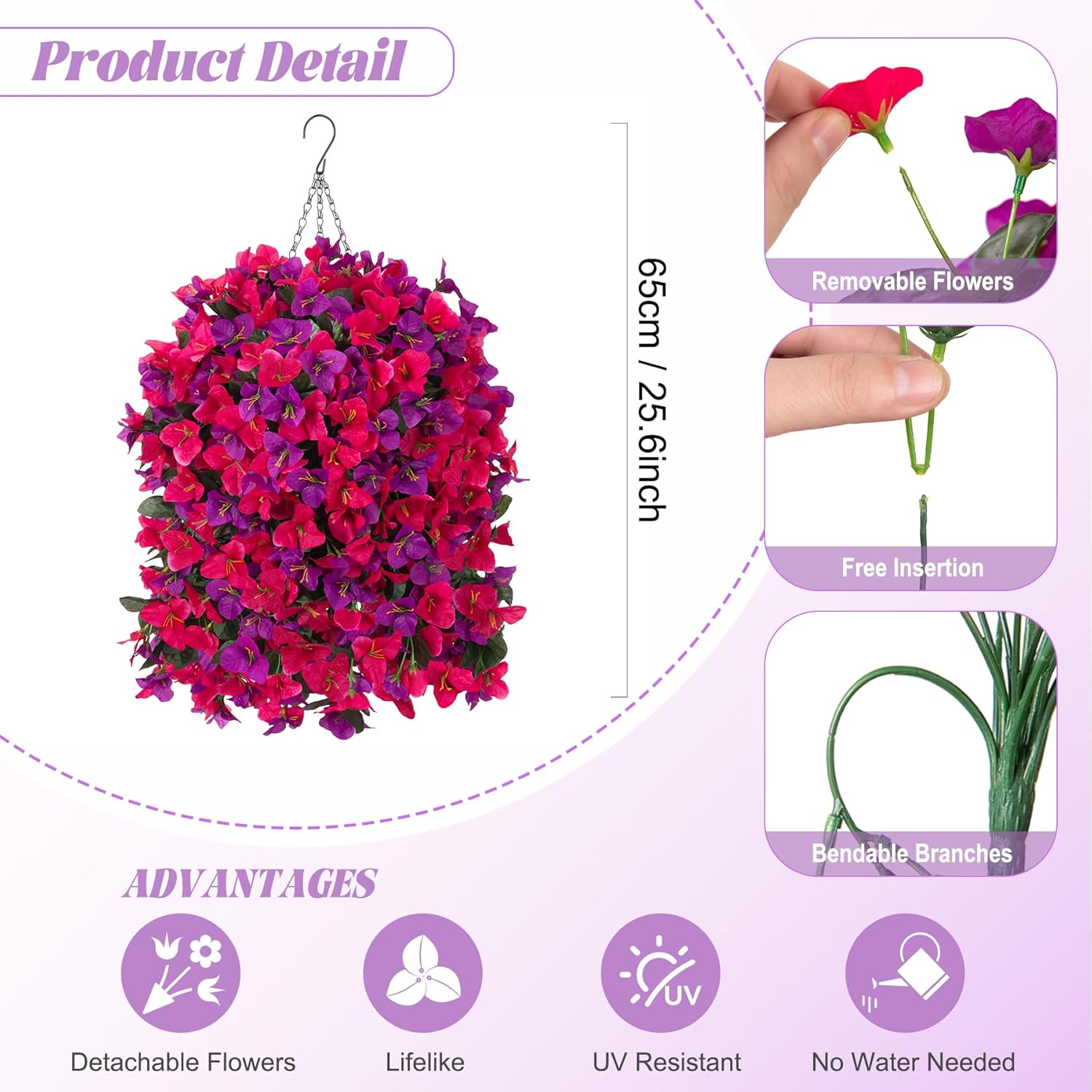 Artificial Fake Hanging Flowers with Basket for Outdoors Decoration, 3PCS Faux Flowers for Outdoor Planters UV Resistant No Fade Silk Bougainvillea for Home Porch Patio Garden Balcony Yard Decor - Image 3