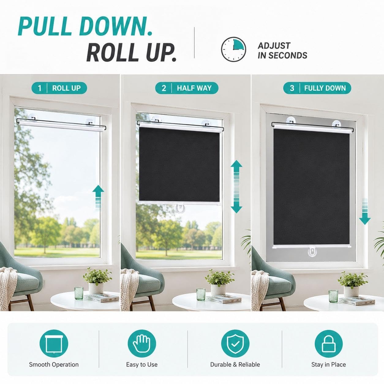 Tende Oscuranti Avvolgibili per Finestre Senza Forare, Tende a Ventose Retrattili, Schermo Privacy a Discesa per Camera, Cucina, Ufficio, Appartamento e Porta in Vetro(W 70 x 200 cm)