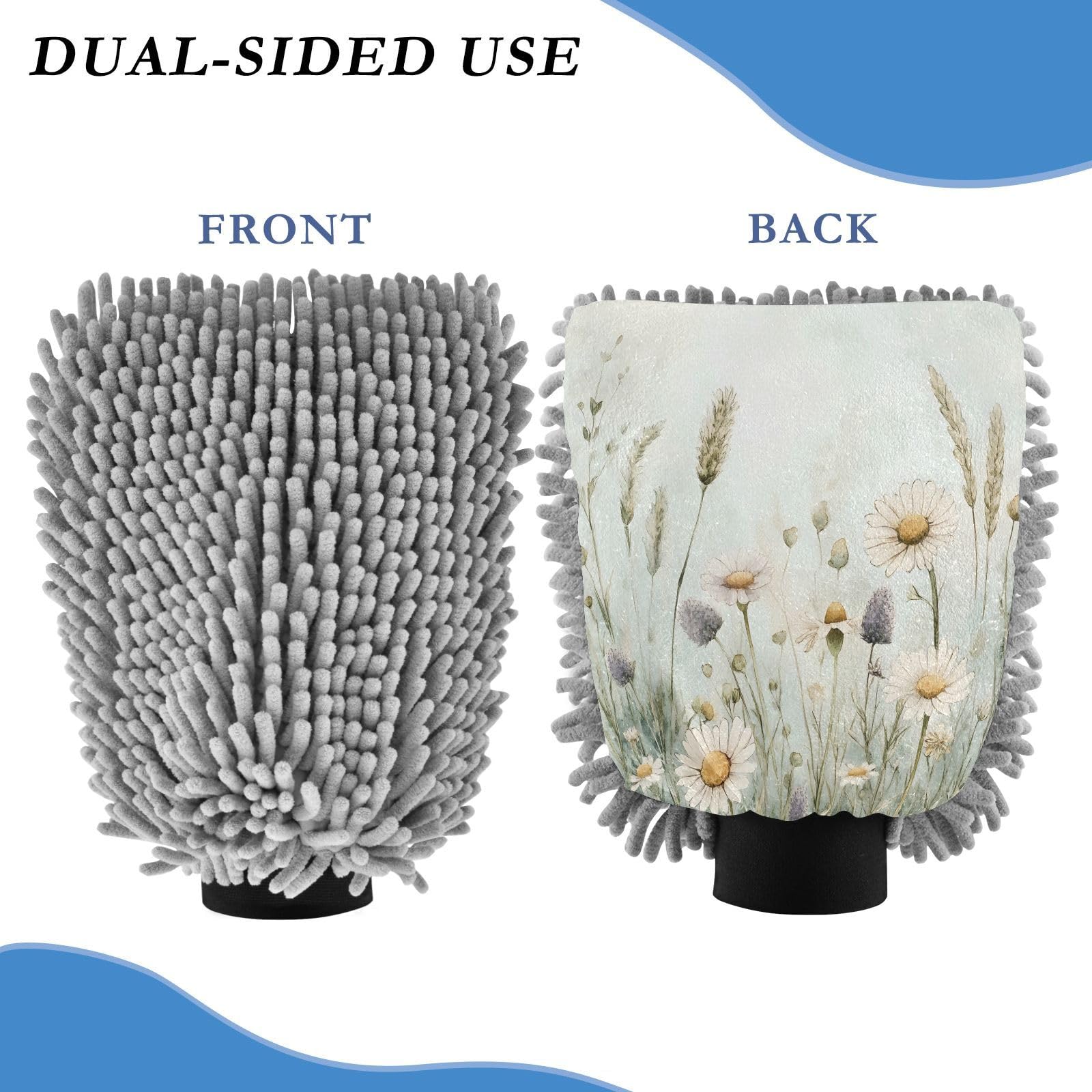 Flradish 2 Pack Watercolor Wildflowers Car Wash Mitt Chenille Microfiber Lint-Free Scratch Free Ultra-Soft Absorbent Car Wash Mitt 11.8x8.07 Inch