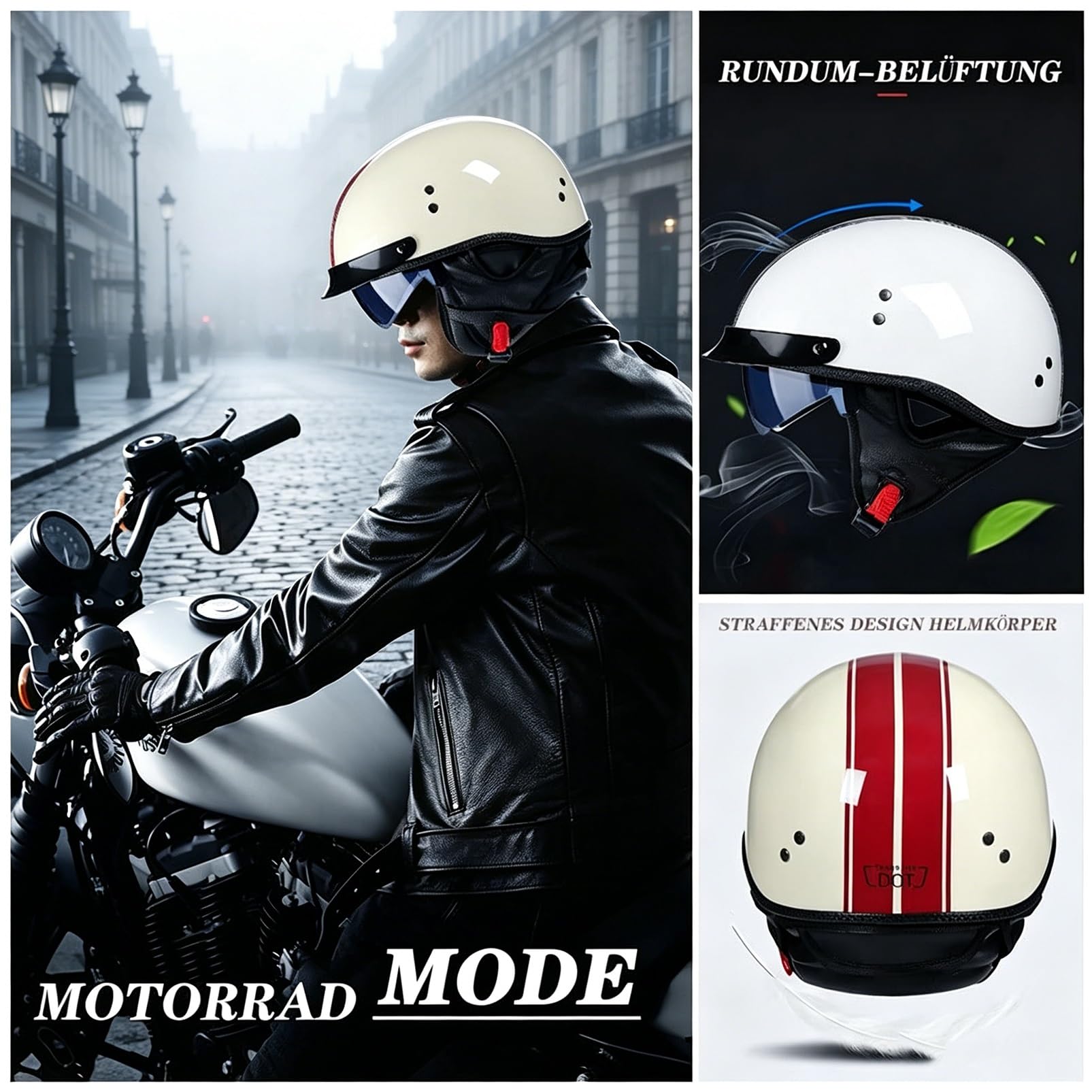 Kask Motocyklowy Jet Style Retro Stripe, Urban Cafe Racer z Blendą Przeciwsłoneczną, ECE 22.06, Otwarty Kask na Motor Cruiser Bobber Chopper