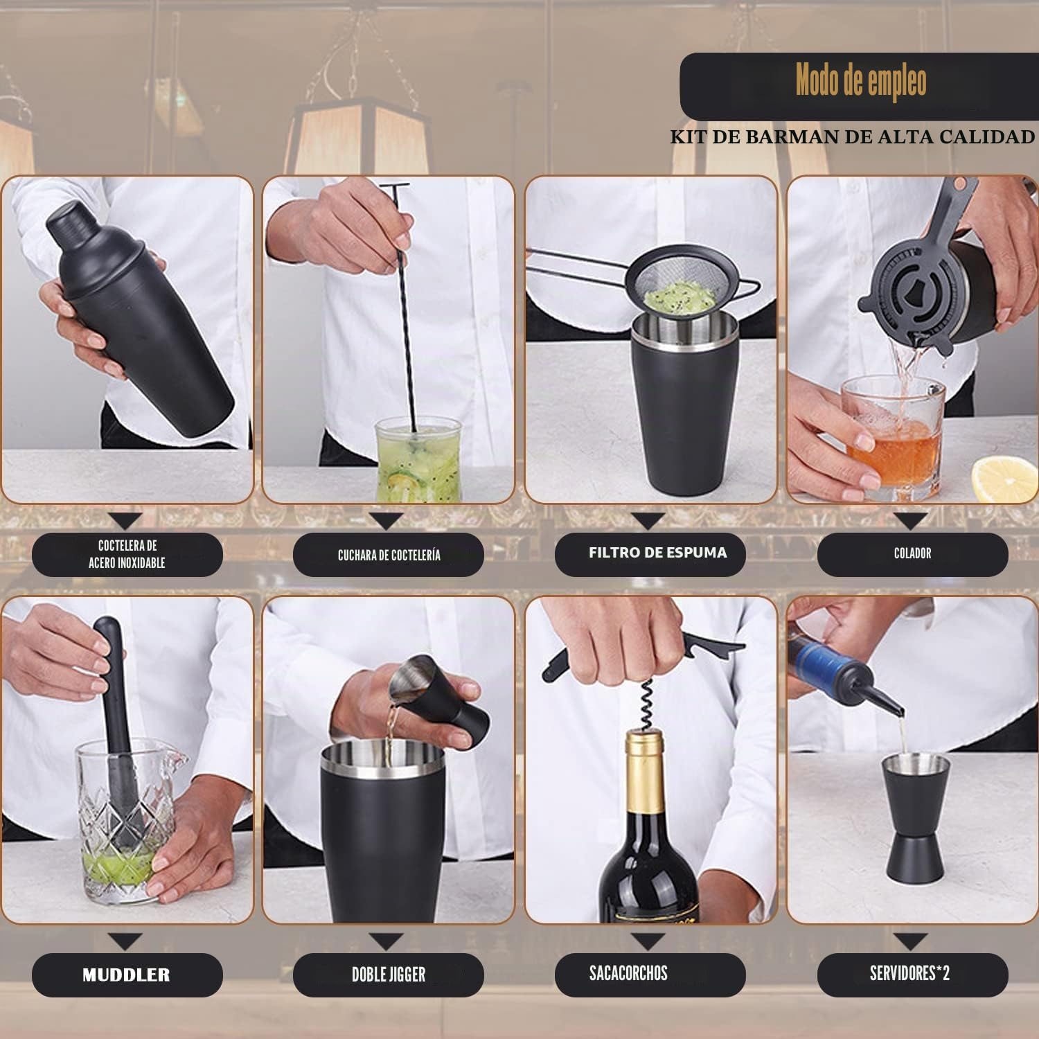 Bartender Kit 11-Piezas Coctelera-Mezclador para Cócteles 25oz Boston Shaker-Accesorios de Bar con Elegante Soporte de Bambú Mix Drink Shaker Kit Kit Martini…