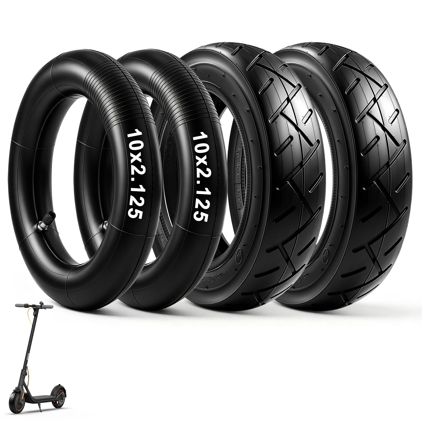Pneu Trotinette Electrique 10x2.125, Chambre à Air 10x2.125 Renforcée, Pneu 10 x 2,125 et Tuyau en Caoutchouc 30 % Plus épais Avec Valve Droite, Compatible avec la Plupart des Scooters