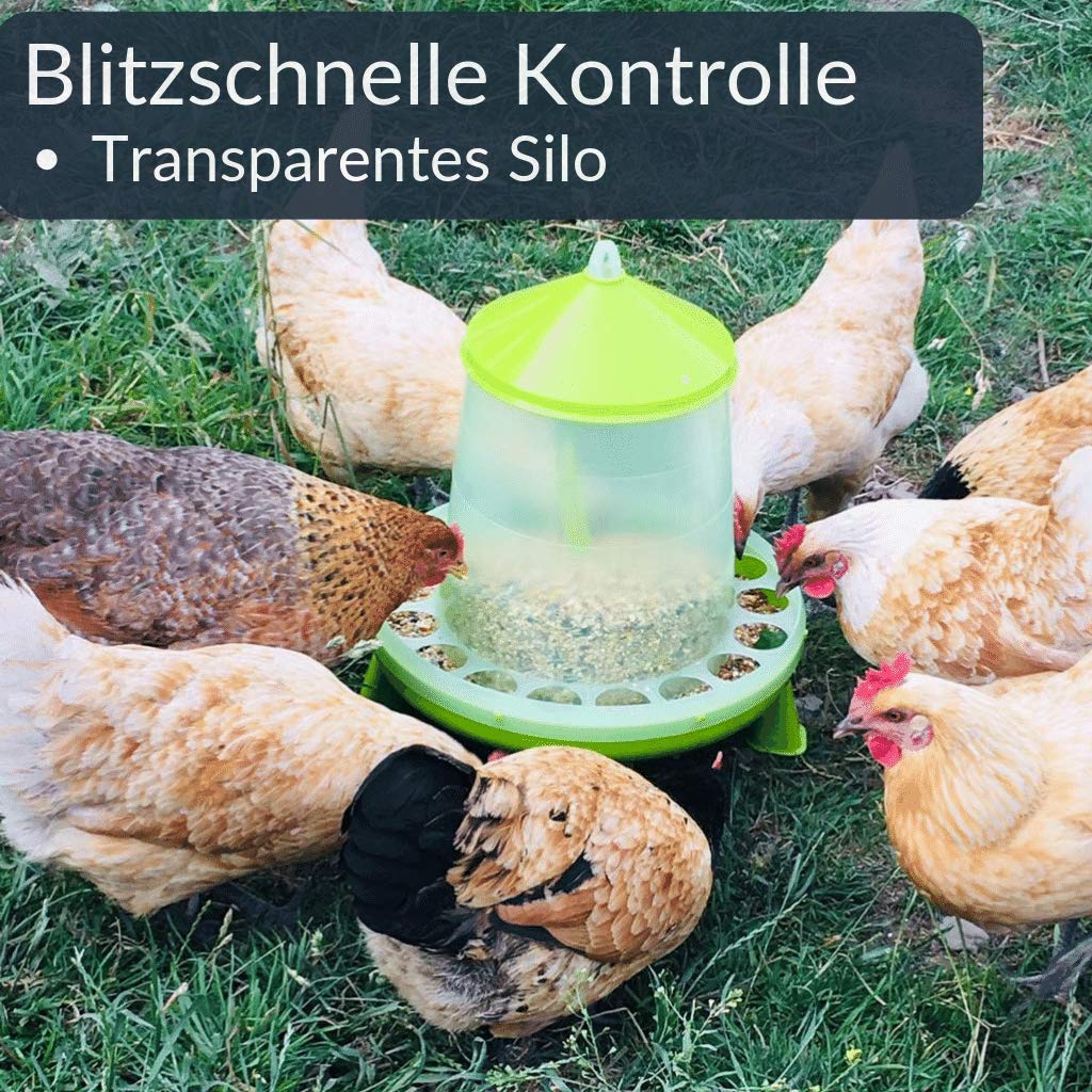 Futterautomat mit Füßen mit 2, 4, 8, 12 und 16 kg grün I Hühner, Geflügel Futterspender I Automatischer Spender für Hühnerfutter I Futterstation aufhängbar I Wasserdichter Automat (8 kg)