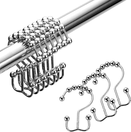 Bakerii Shower Curtain Hooks Rings, Stainless Steel Shower Curtain Rings Metal Double Glide Shower Hooks for Bathroom Shower Rods Curtains, Polished Chrome, Set of 12 Hooks