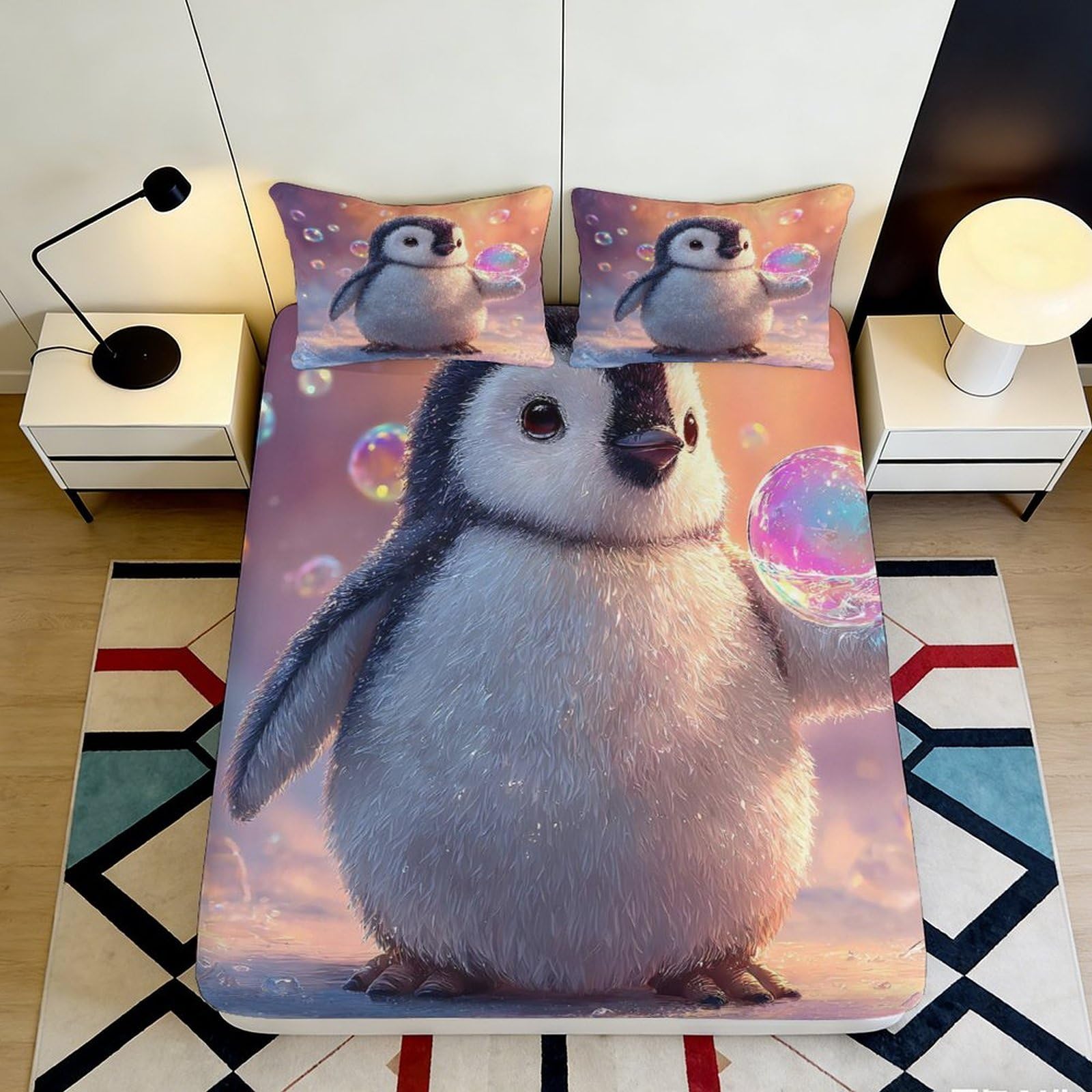 3D Printed Cute Penguin Fitted Sheet Microfiber Elastic Hem Soft Bubble Penguin Mattress Fitted Cover Deep Pocket Bedroom Bedding 140x200x25cm