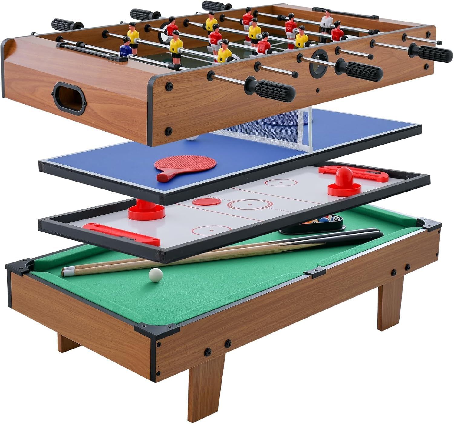 4-in-1 Game Table, Multifunctional Wooden Billiard Table & Table Tennis Table & Airfield Hockey Table & kick Table
