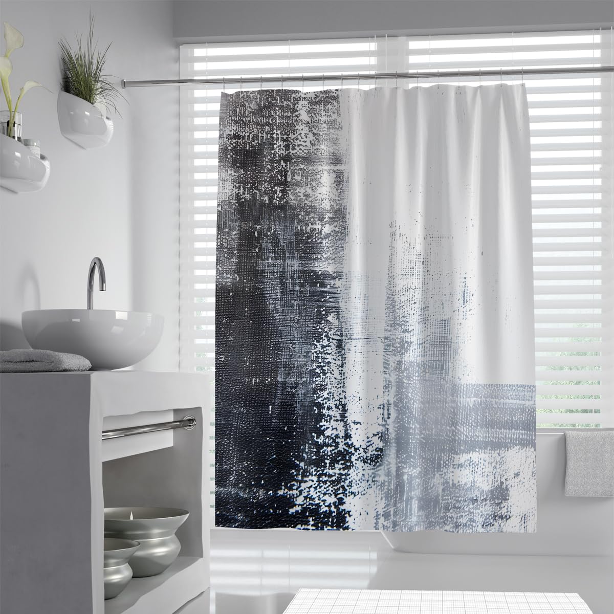UIRINGART Shower Curtain W180xL220cm Mould Resistant Mildew Proof Black Grey White Abstract Grunge Textured Grid Print Polyester Fabric Bathroom Divider with Hooks