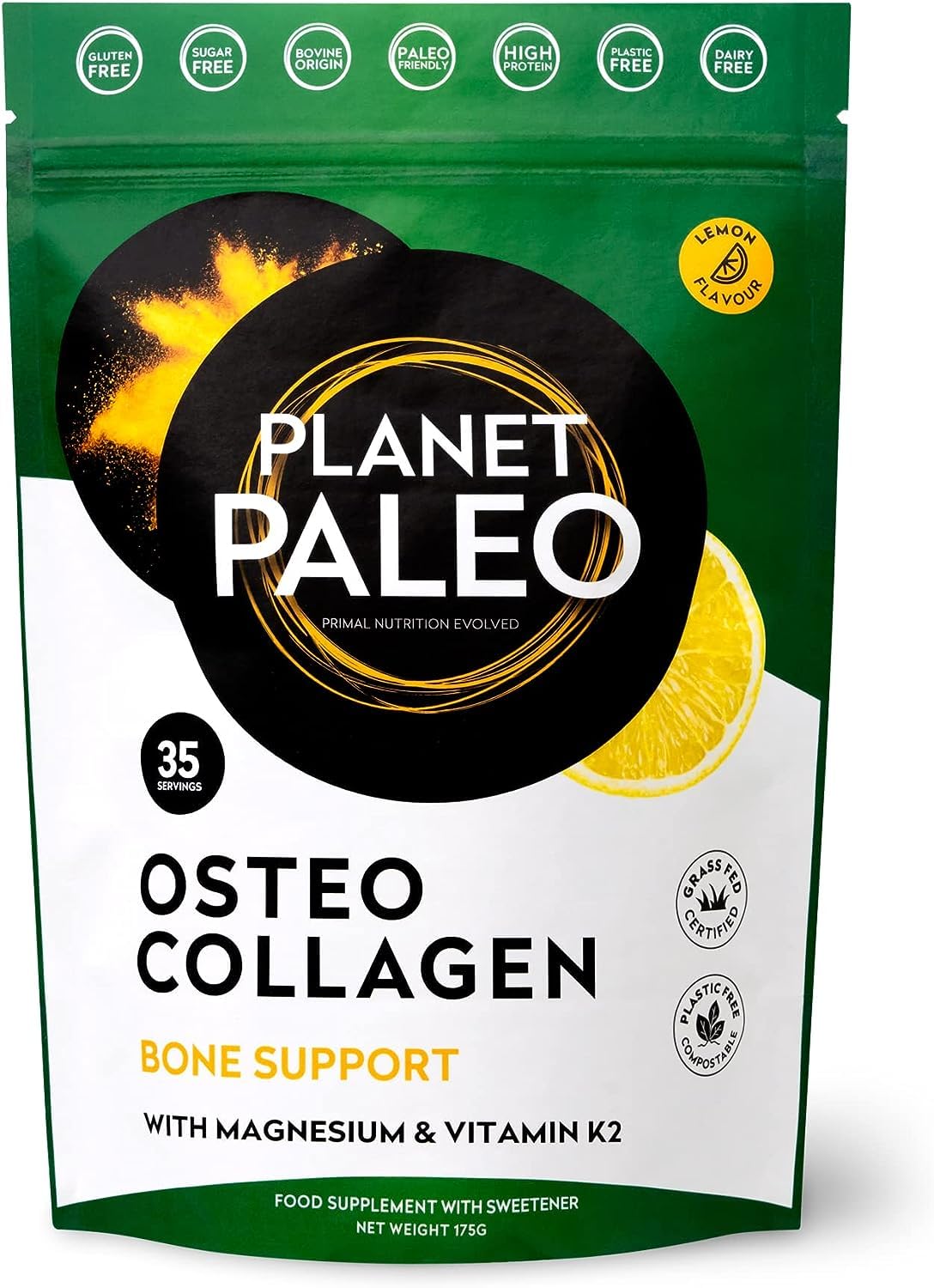 Planet Paleo Osteo Collagen Powder for Bone Health (175g, 35 Servings) Grass-Fed Bovine Collagen Peptides, with Zinc & Vitamin K2, Bone Density & Joint Health, Lemon