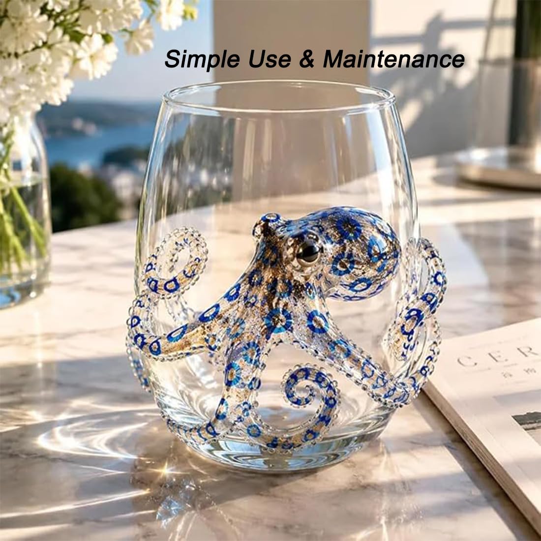 Genérico Cristalería artesanal con diseño de pulpo azul anillado, vaso de bar con forma de pulpo marino y cuchara, vaso de bar artesanal con diseño de animal marino para amantes del océano. (A2)