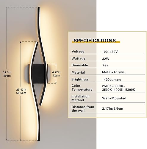 Miniatura 4 de Joossnwell Lámpara de tocador de baño, moderna lámpara de baño sobre espejo de 31.5 pulgadas, barra de luz negra regulable 5CCT, luces LED de