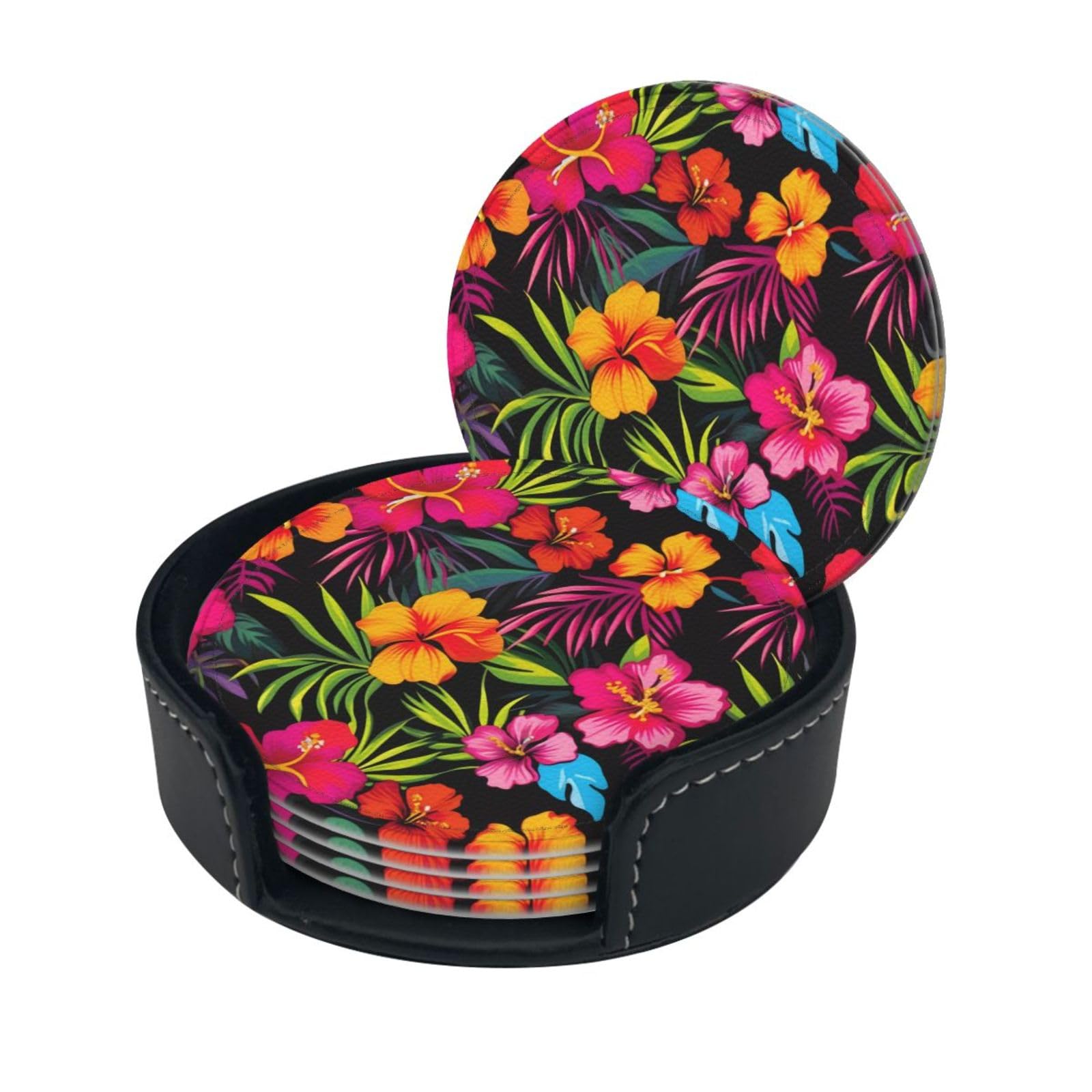 Smazdfxx Women's As Pic Stylish Coasters - Hawaiian Flower Set Of 6 Round Leather Drink Coasters With Holder - Perfect Size For Cups And Glasses