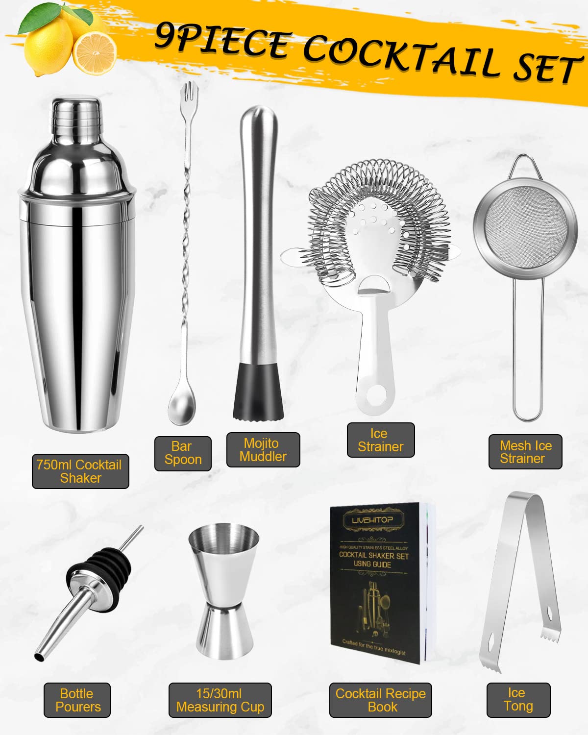 LIVEHITOP Kit Cocktail, Kit Barista in Acciaio Inox Kit Professionale Cocktail Shaker Set con 750ML Boston Shaker per la Casa, Bar, Festa
