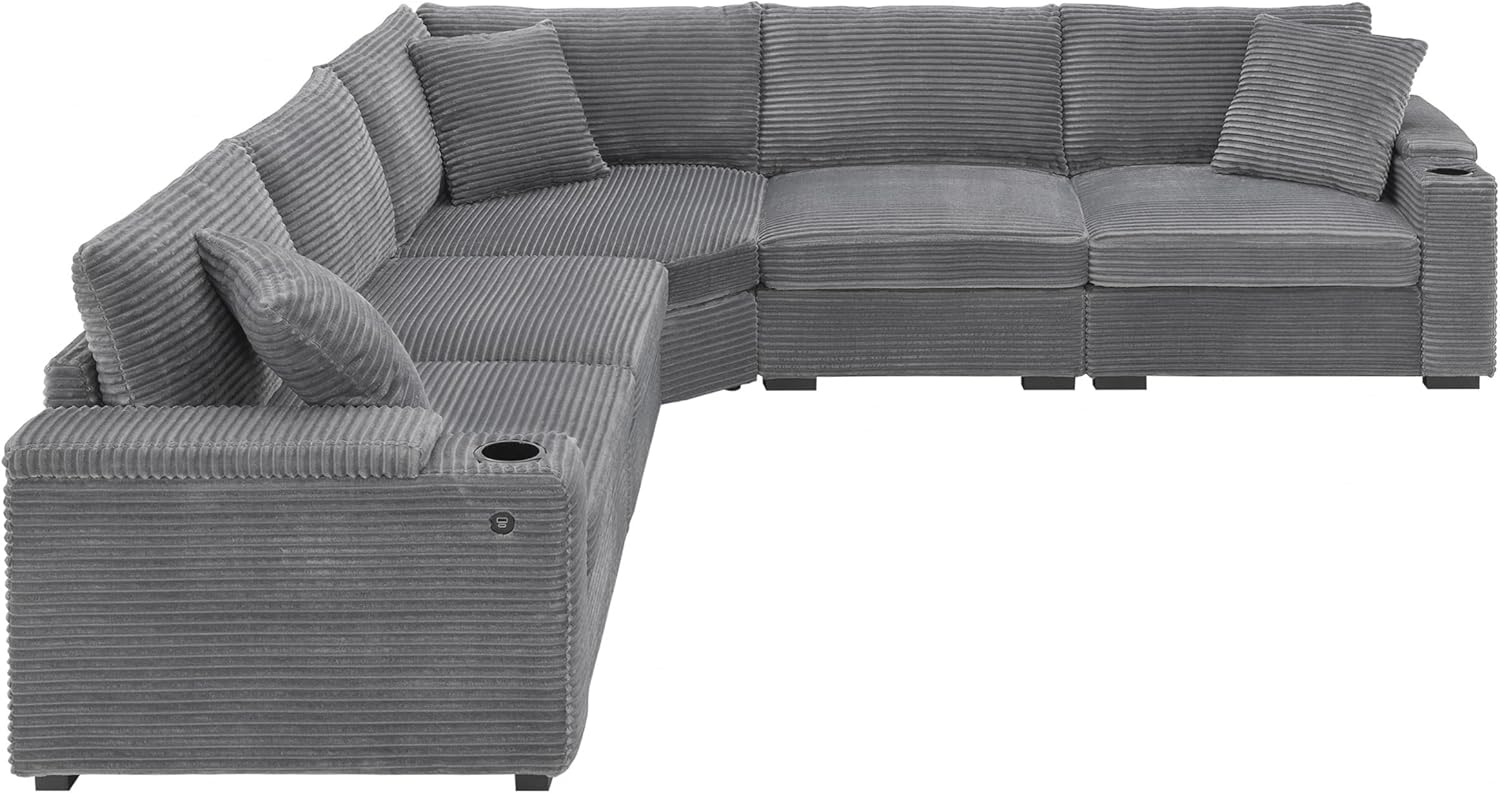 Oversized Corner Customizable Sectional Sofa Soft Corduroy Upholstered Cushions Sofa&Couch, L-Shaped Symmetrical Modualr Couch W/Storage Armrests, Cupholders, USB and Type-C Ports for Living Room