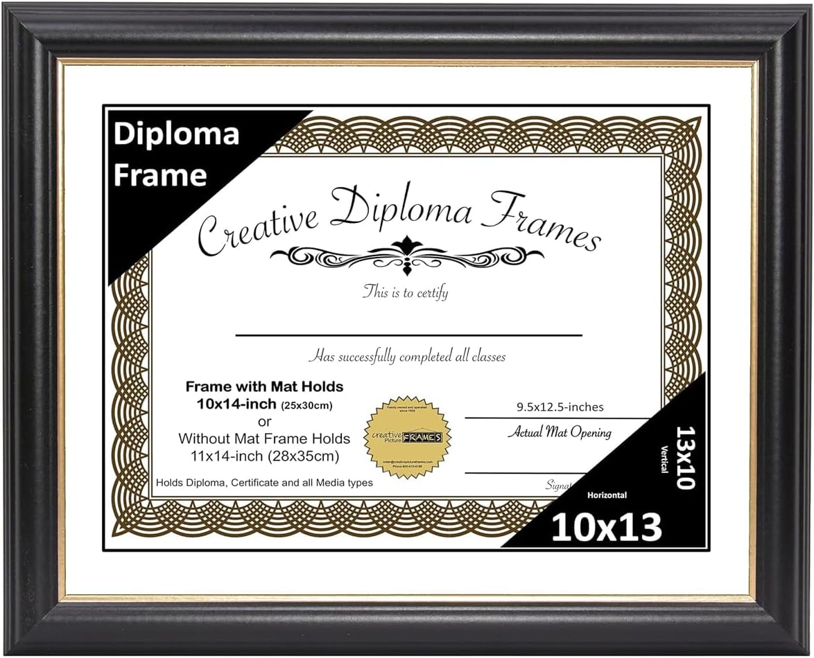 Creative Picture Frames 10" x 13" Rockefeller Black with Gold Rim Diploma Frame, Displays 10" x 13" Certificate or 11" x 14" Document without Mat, College Degree Frame, Full-Strength Glass, White Mat
