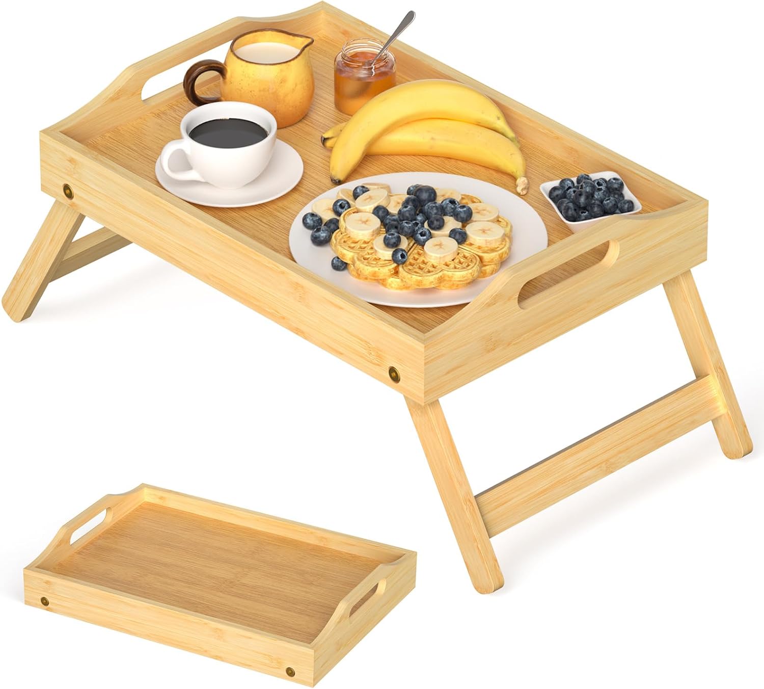 Breakfast Bed Table Tray for Eating, Foldable Food Serving Laptop Tray with Folding Legs, Portable Bamboo Raised Snack Platter, Eating for Bedroom, Picnic, Sofa - Natural