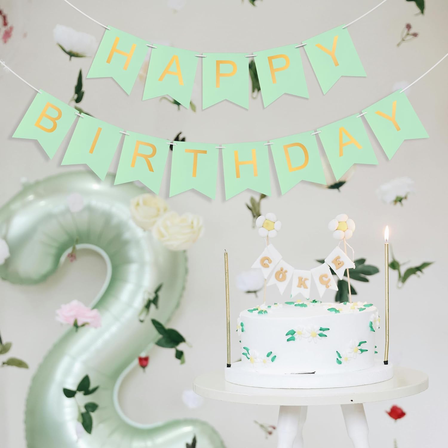 Green Happy Birthday Banner - Mint Green Hanging Backdrop Sign with Gold Letters, Happy Birthday Sign Bunting Decorations for Women men Kids Baby Shower Party Supplies (13pcs)
