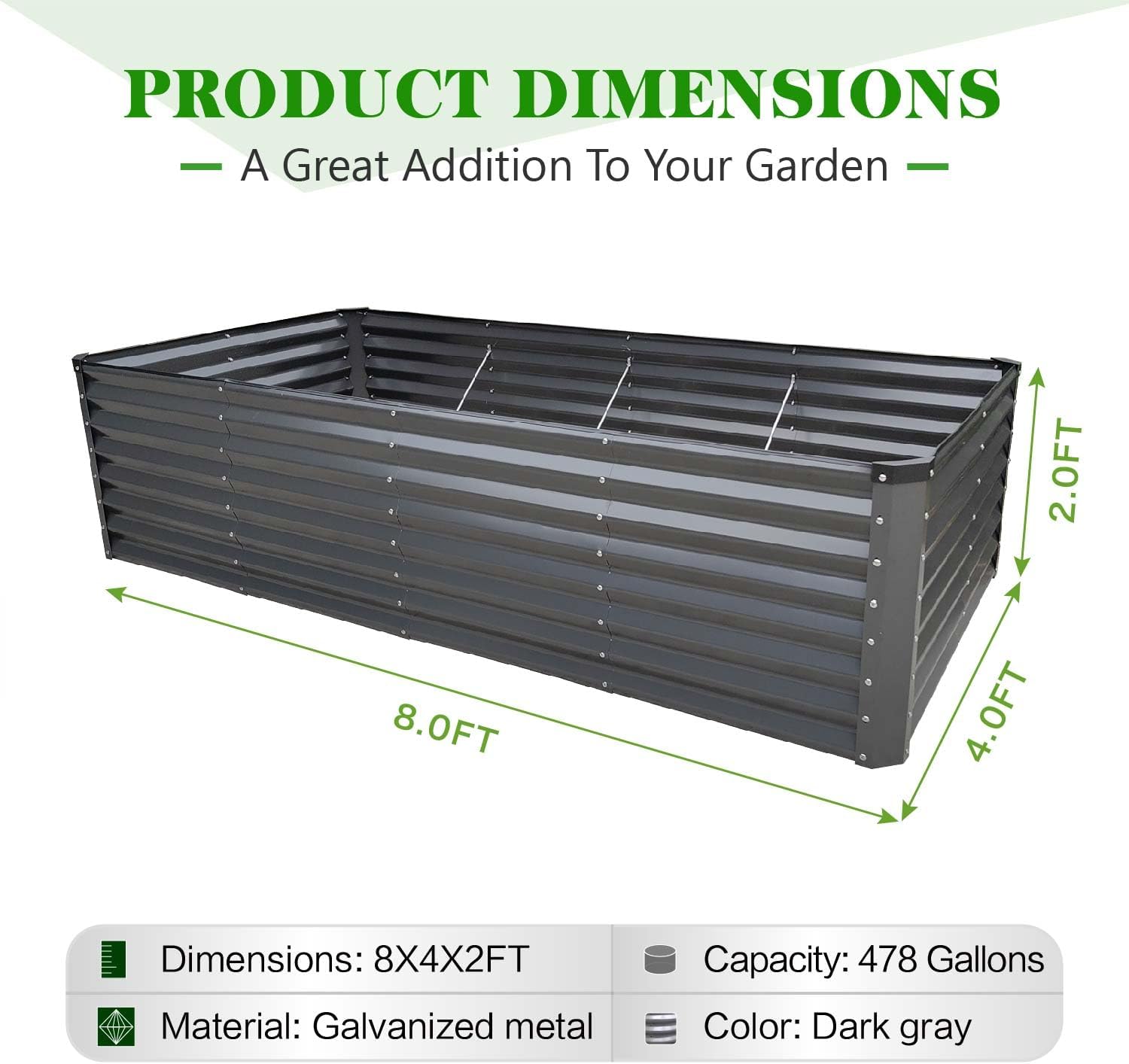GrowHaus 8x4x2FT Galvanized Raised Garden Bed, Planter Boxes Outdoor Large Metal Garden Beds for Planting Vegetables Flowers Herbs Rectangle Dark Gray