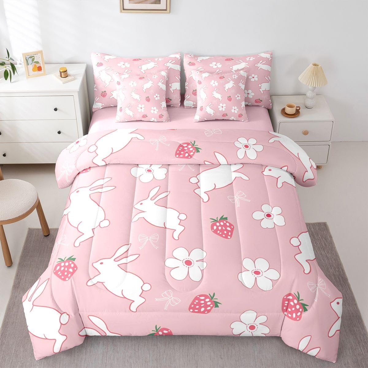 Erosebridal Cute Rabbit 7 Pcs Bedding Set Twin Strawberry Floral Comforter Set with Sheets Bow Knot Bed in A Bag Dreamy Kawaii Bedroom Decor